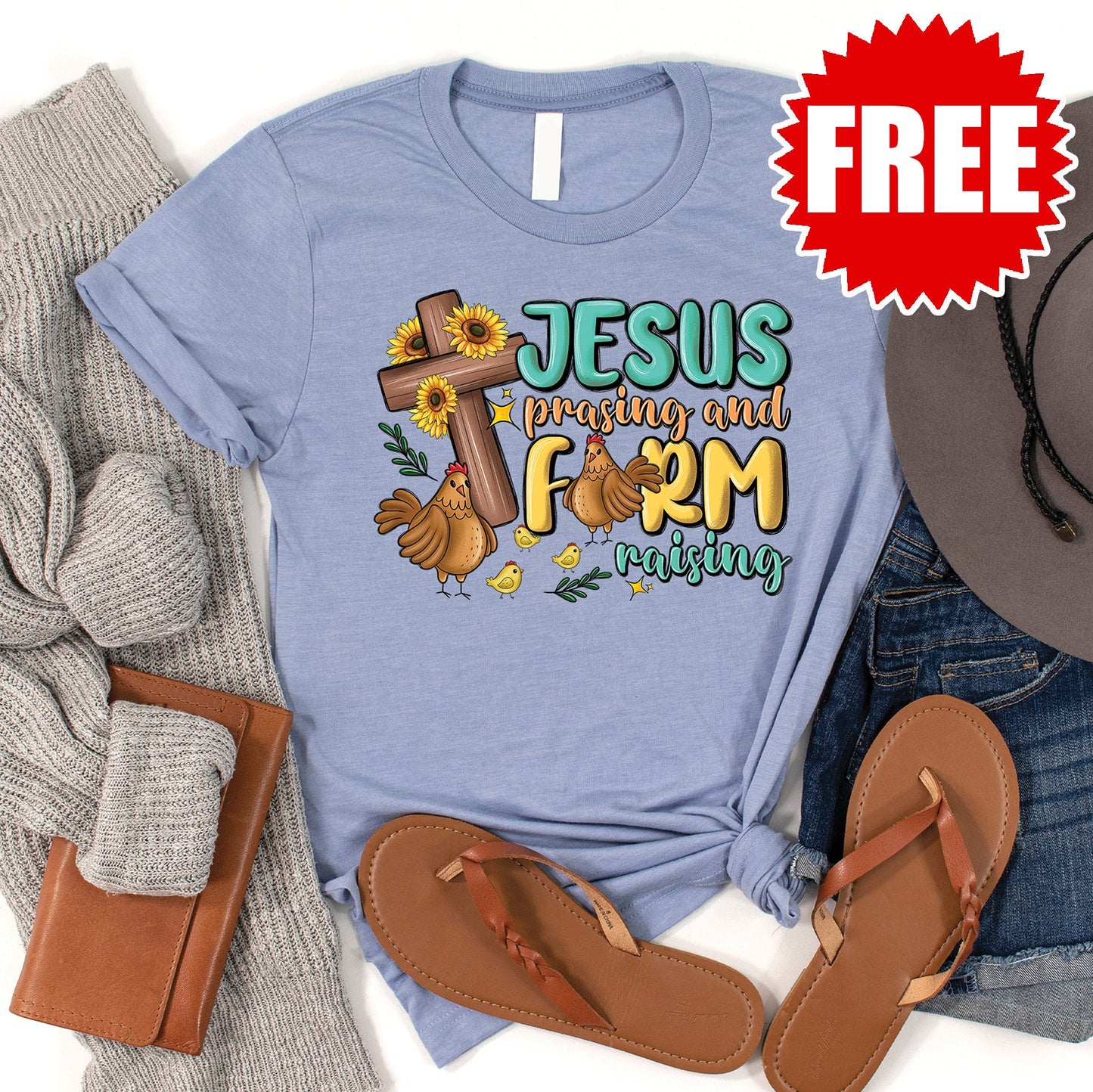 Jesus Praising Farm Raising Tee - Heather Blue - 0