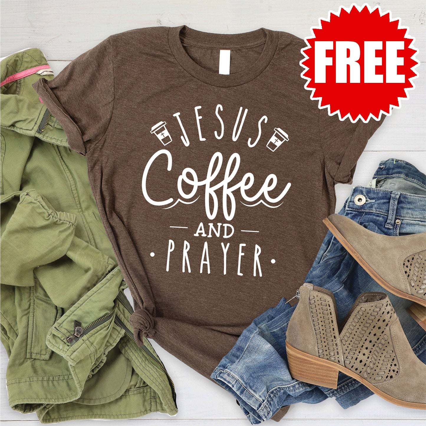 Jesus Coffee Prayer Tee - Heather Brown - FREE