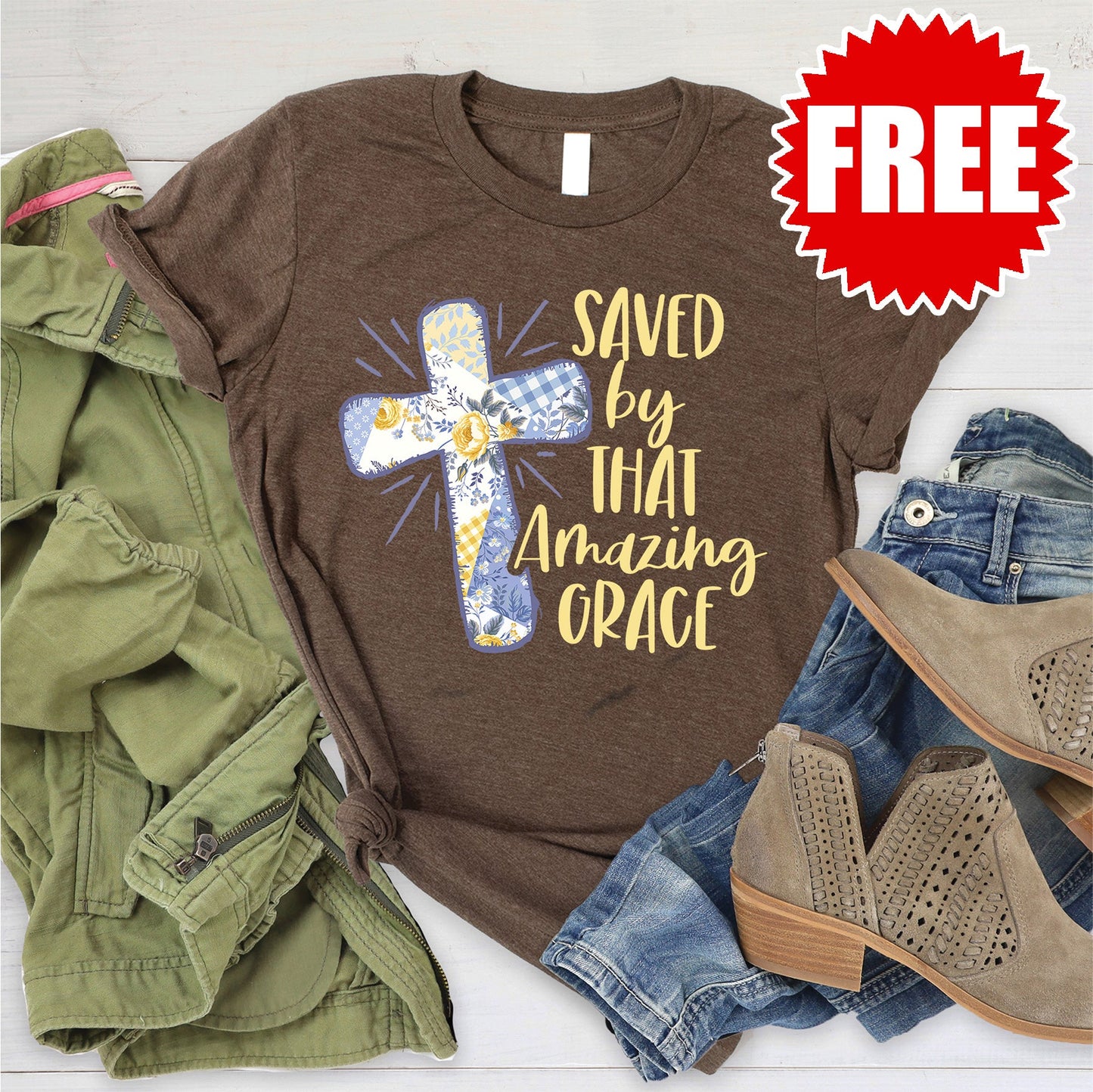 Saved By Amazing Grace Tee - Heather Brown - 0