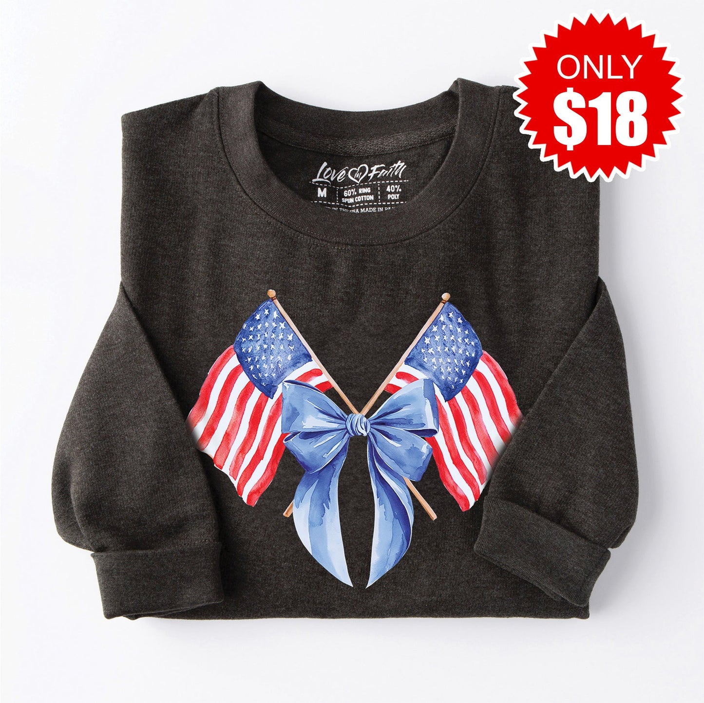 USA Flag Bow Sweatshirt - Heather Charcoal - 18