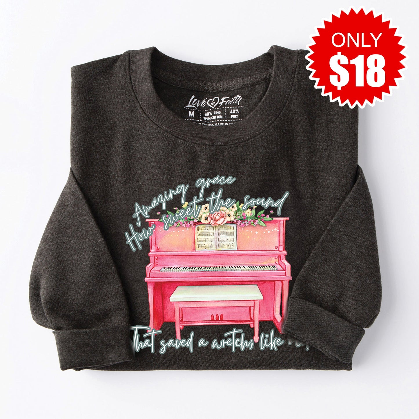 Amazing Grace Piano Sweatshirt - Heather Charcoal - 18