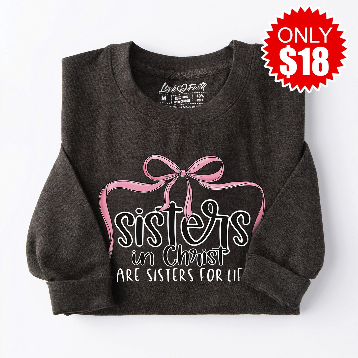 Sisters in Christ Bow Crewneck Sweatshirt - Heather Charcoal