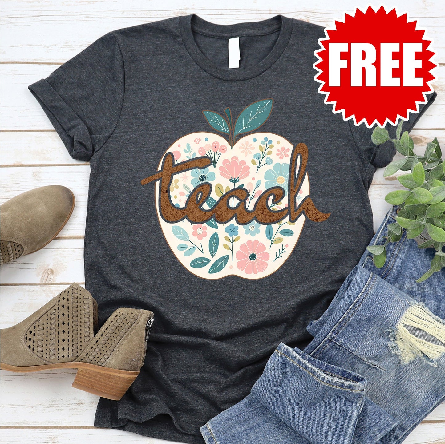 Teacher Apple Tee - Heather Charcoal - 0