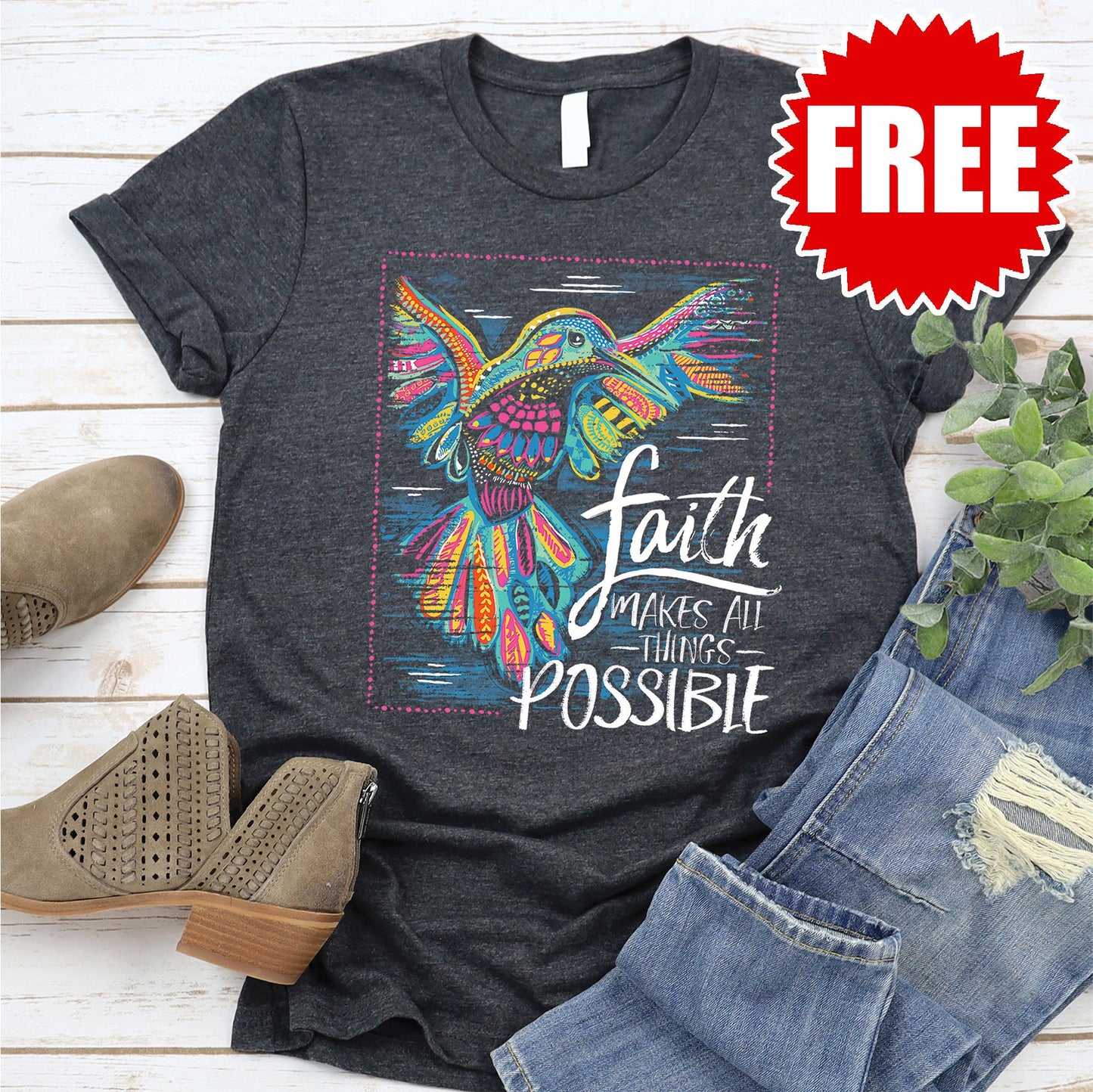 Faith Hummingbird Tee - Heather Charcoal - 0