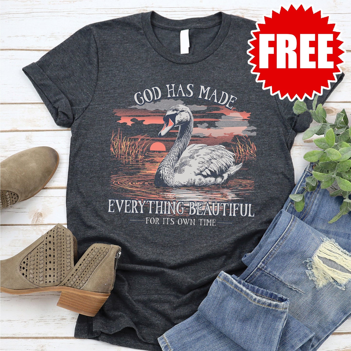 Beautiful Time Swan Tee - Heather Charcoal - 0