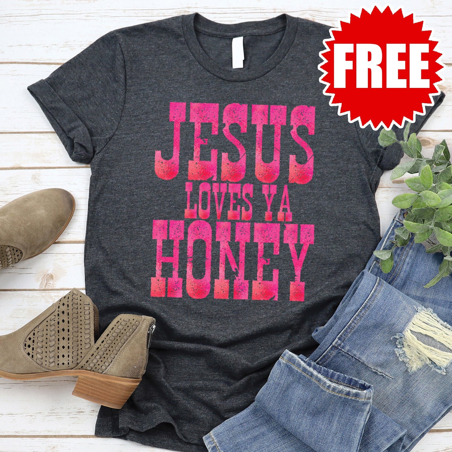Jesus Loves Ya Honey Tee - Heather Charcoal - 0