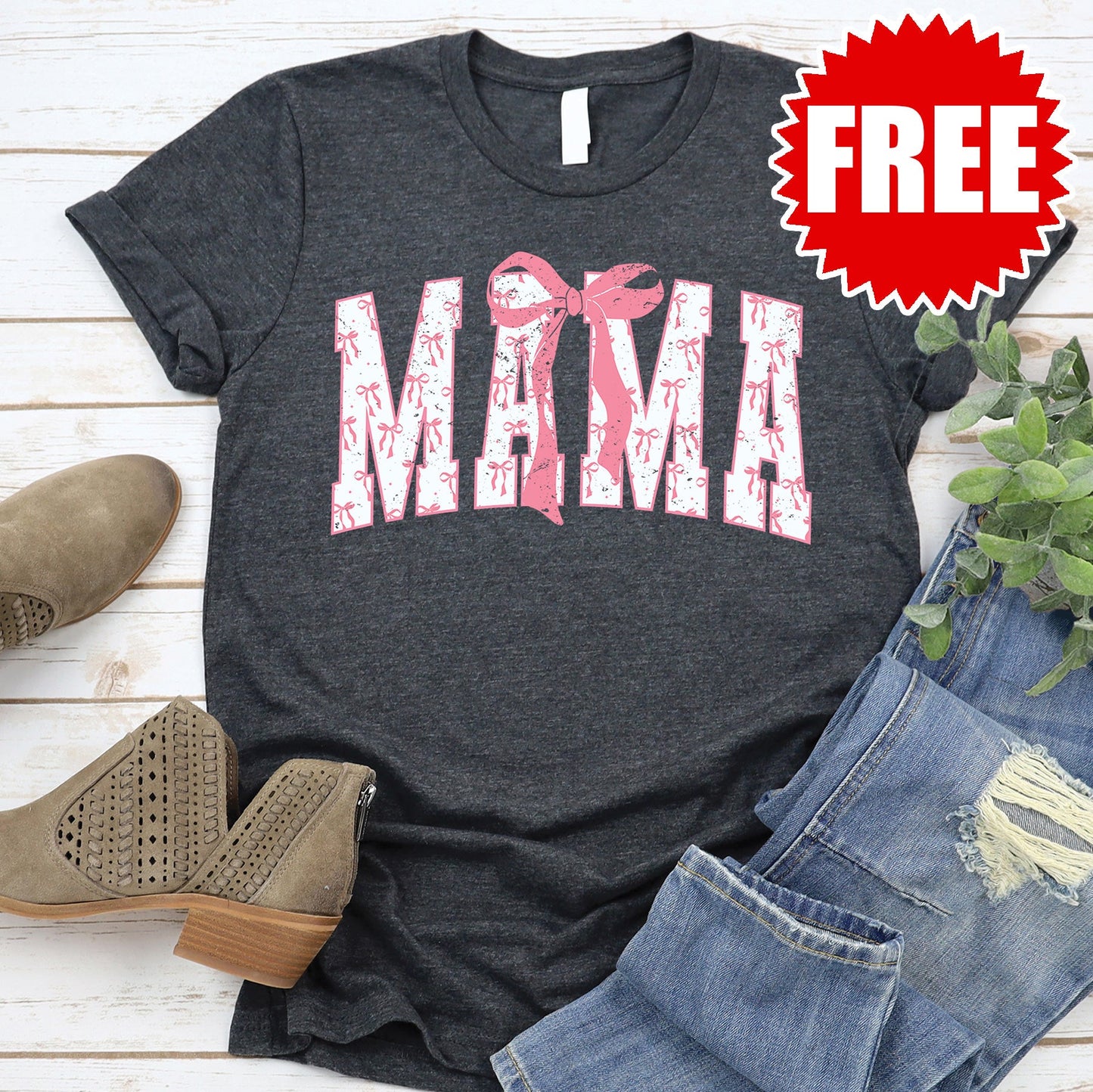 Mama Varsity Bow Tee - Heather Charcoal - FREE