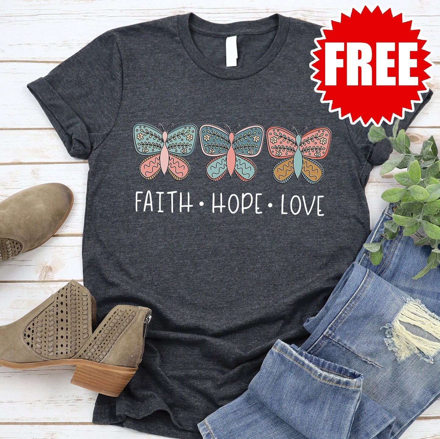 Faith Hope Love Butterflies Tee - Heather Charcoal - FREE