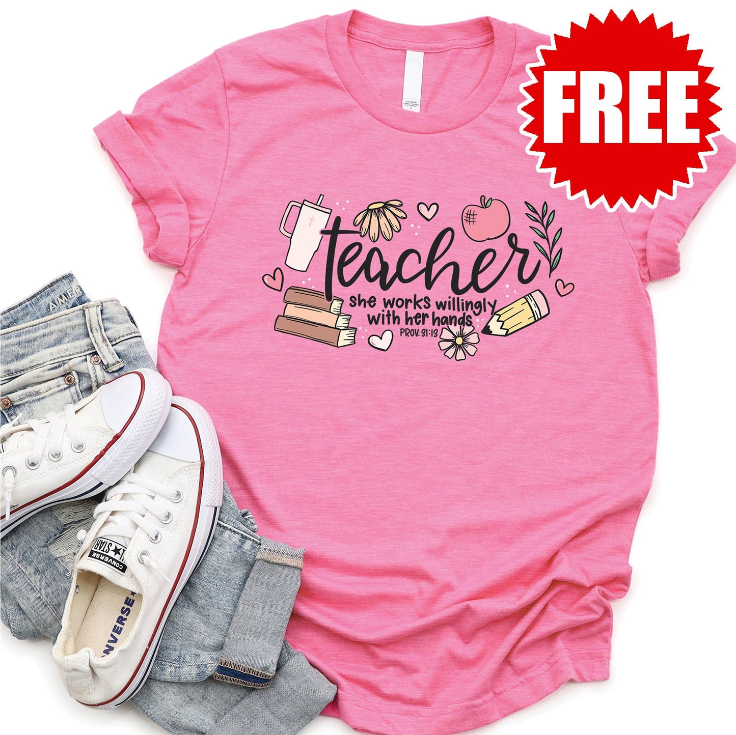 Teacher Proverbs 31:13 Tee - Heather Charity Pink - 0