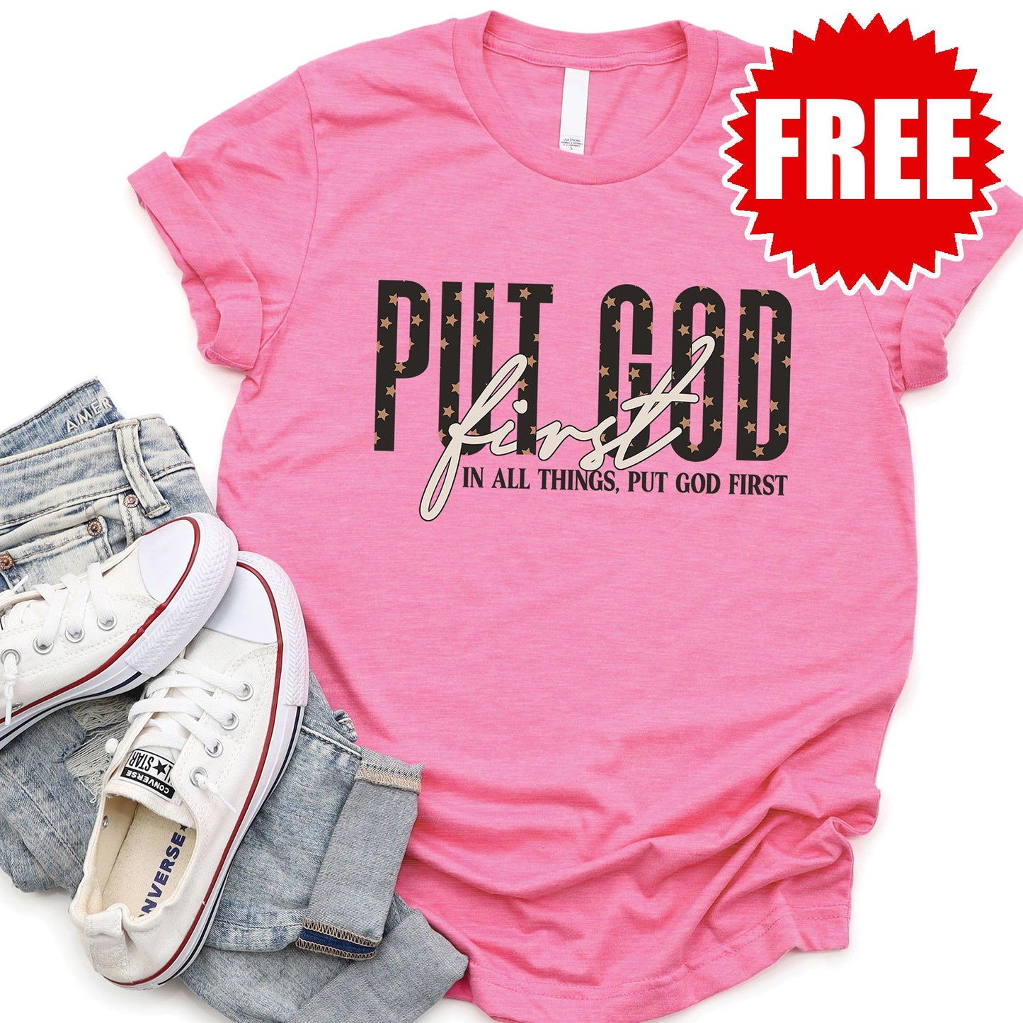 Put God First Tee - Heather Charity Pink - 0
