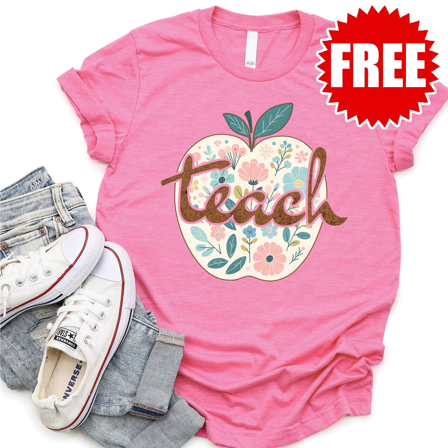 Teacher Apple Tee - Heather Charity Pink - 0