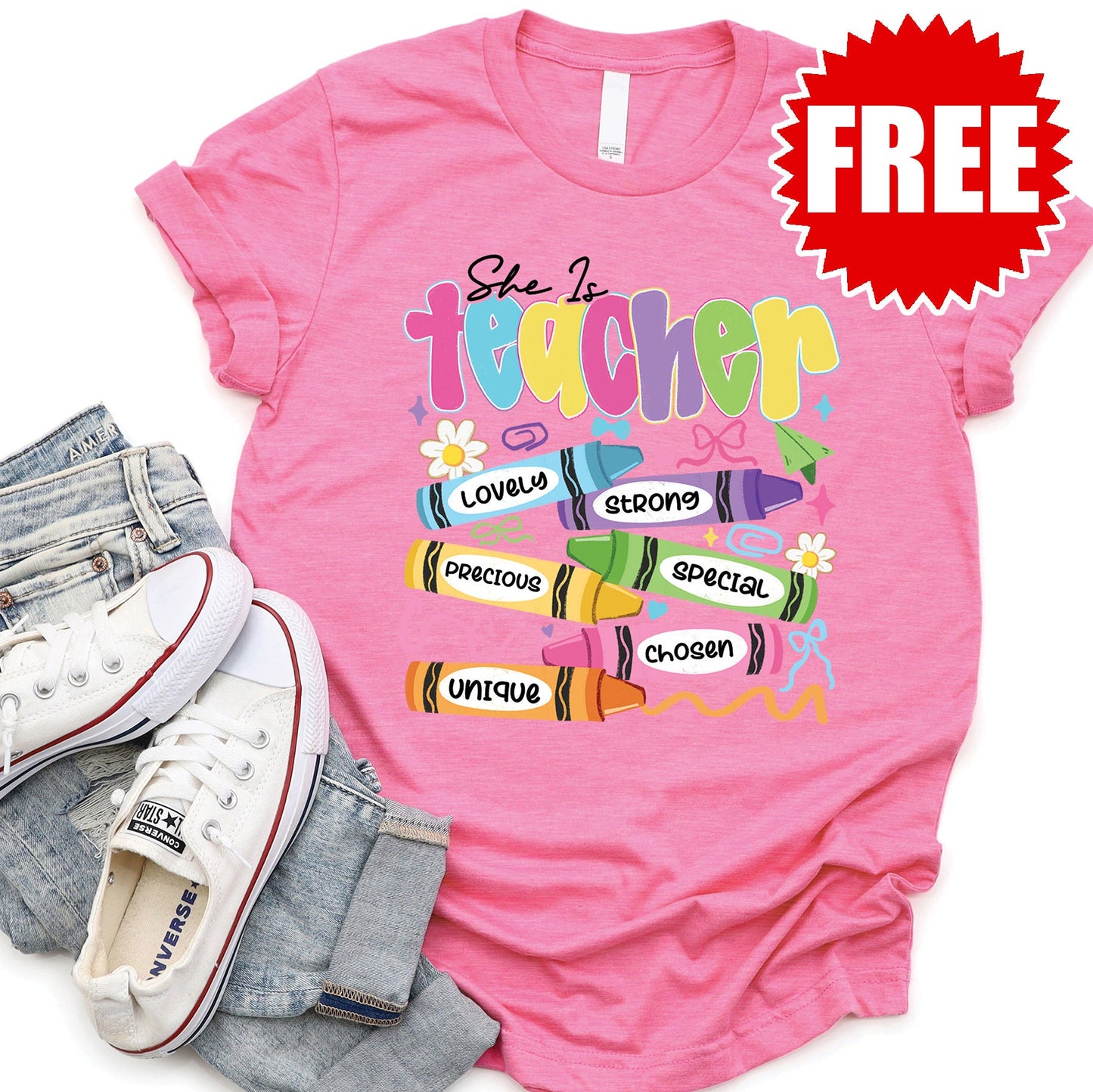 She Is Teacher Tee - Heather Charity Pink - 0 Style001