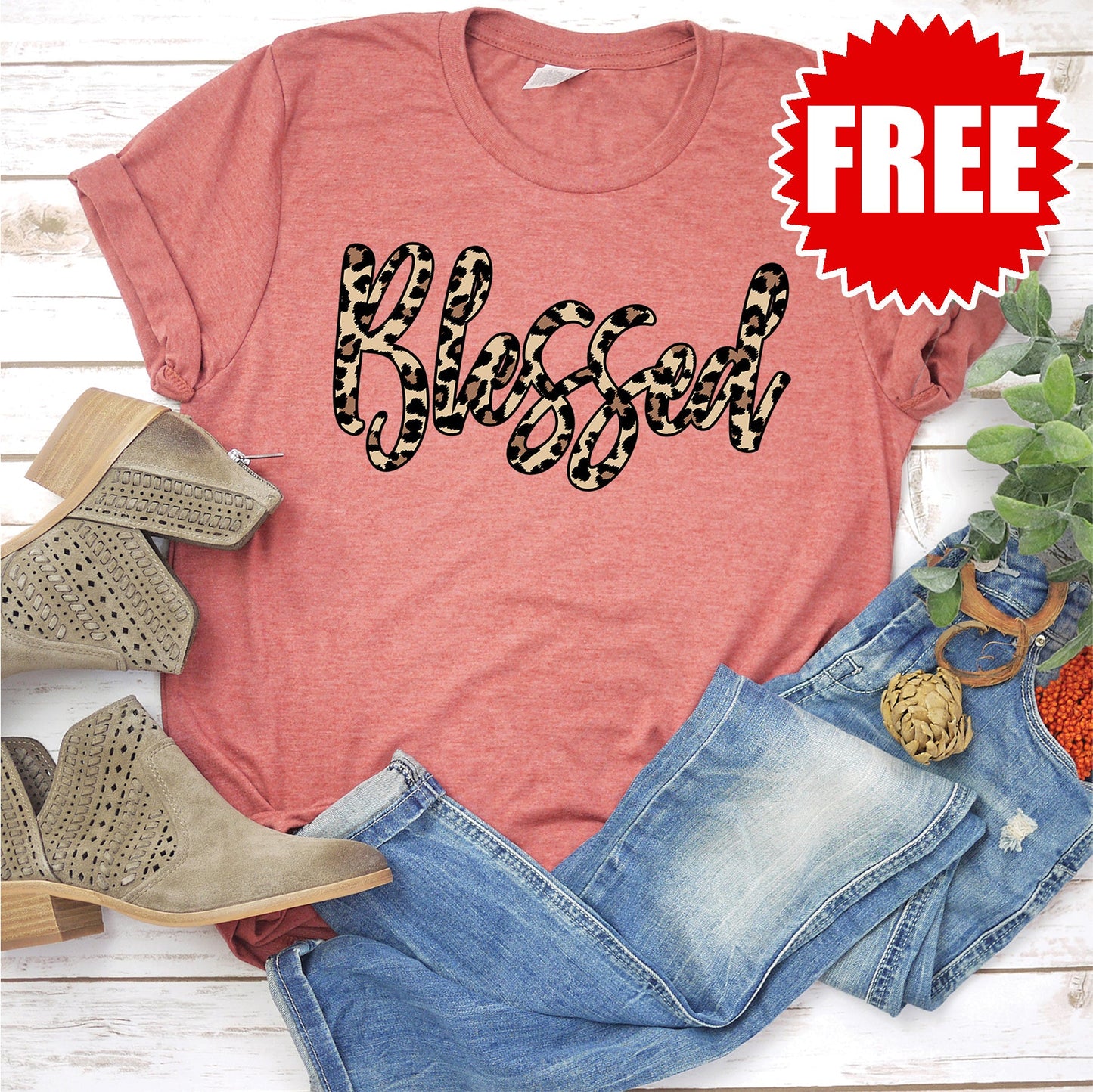 Blessed Leopard Tee - Heather Clay Style001