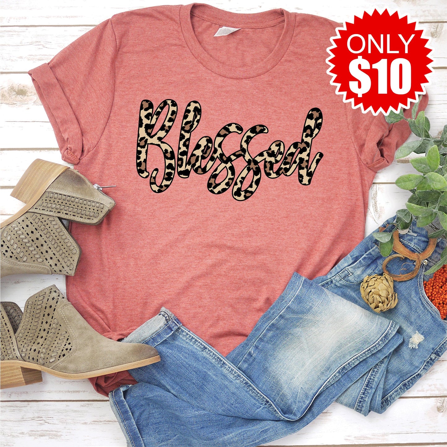Blessed Leopard Tee - Heather Clay