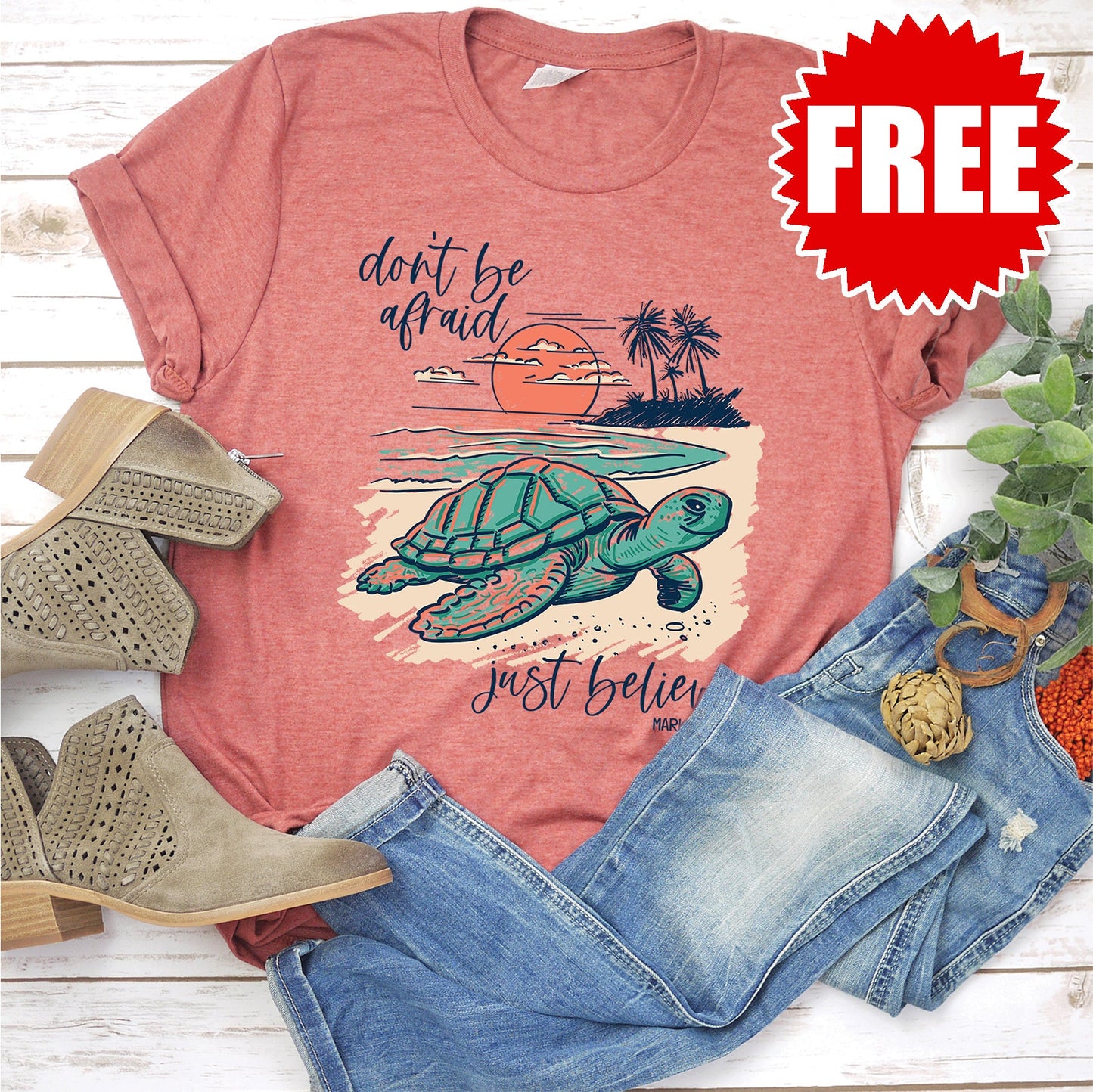Believe Turtle Tee - Heather Clay - FREE