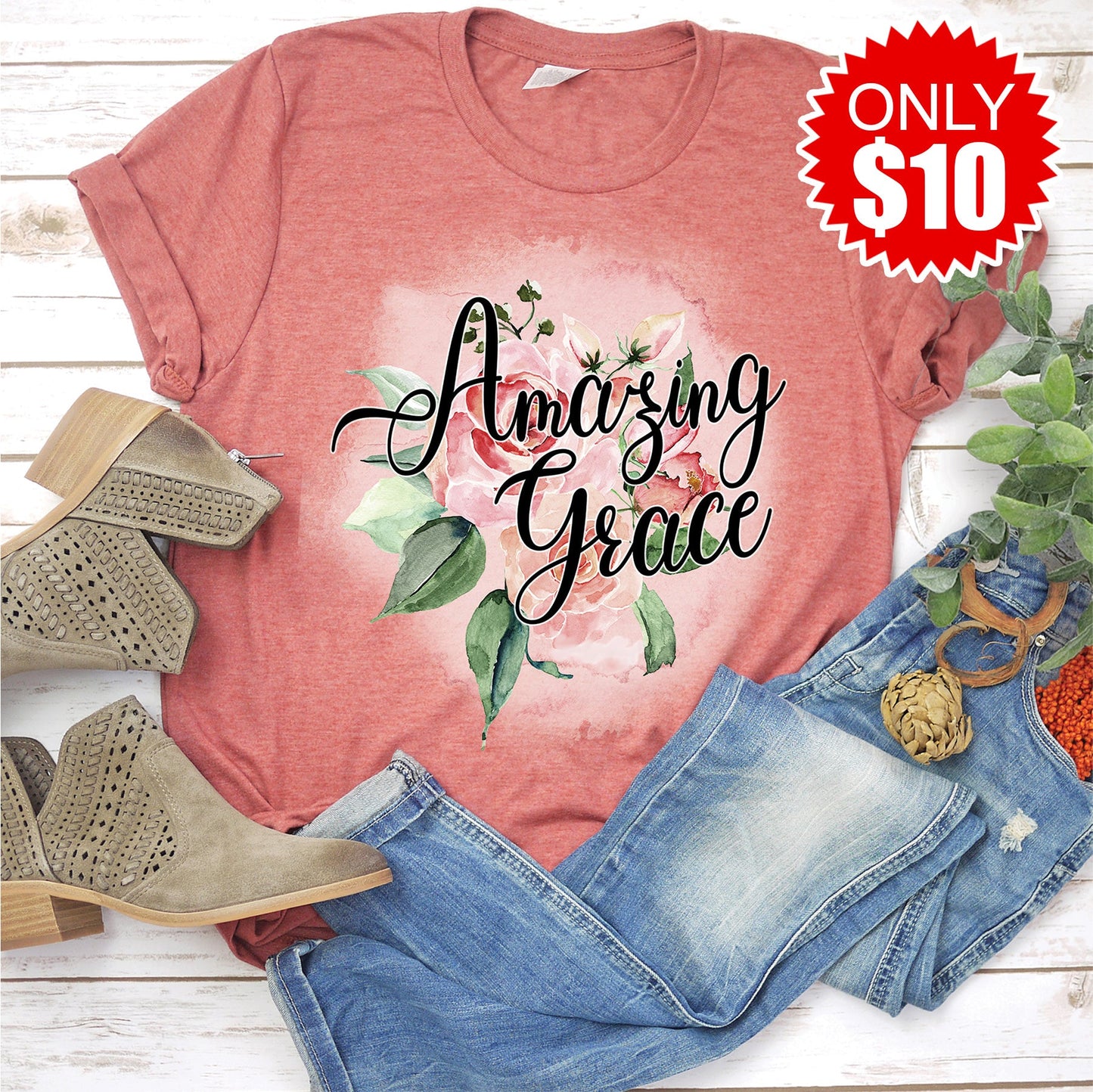 Amazing Grace Rose Tee - Heather Clay