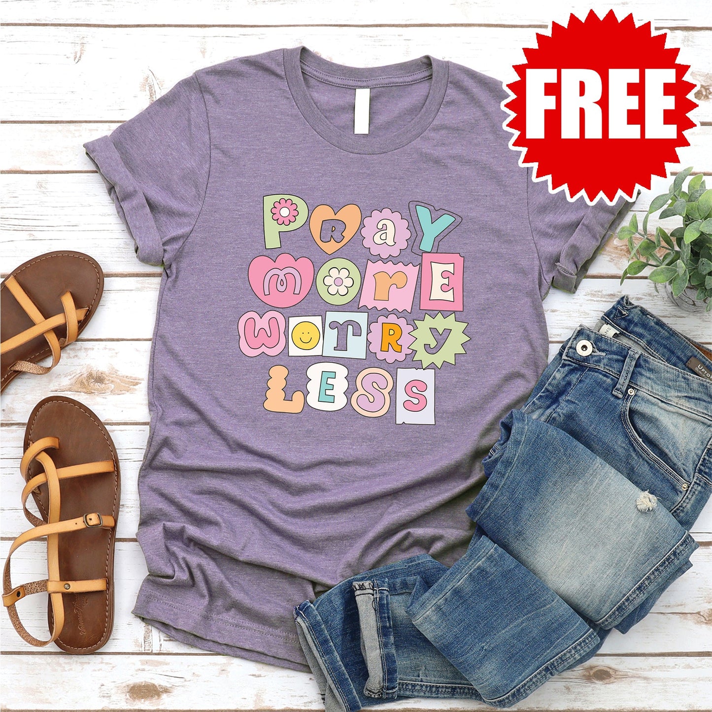 Pray More Worry Less - Shapes Tee - Heather Deep Purple - FREE