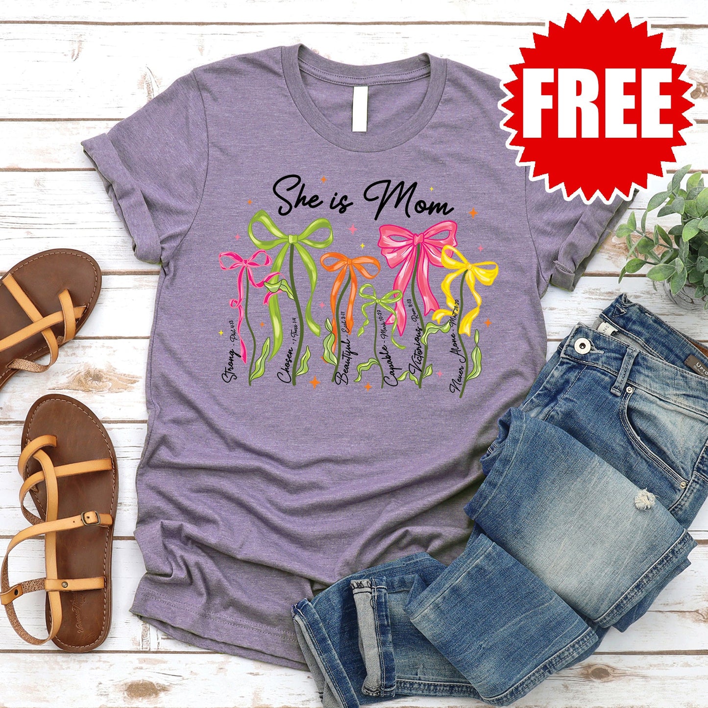 She is Mom Flowers Tee - Heather Deep Purple - FREE