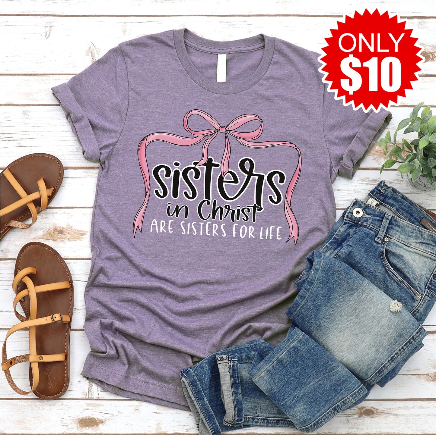 Sisters in Christ Bow Tee - Heather Deep Purple