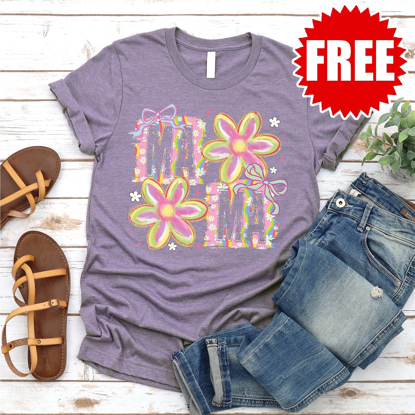Mama Patch Floral Tee - Heather Deep Purple - FREE