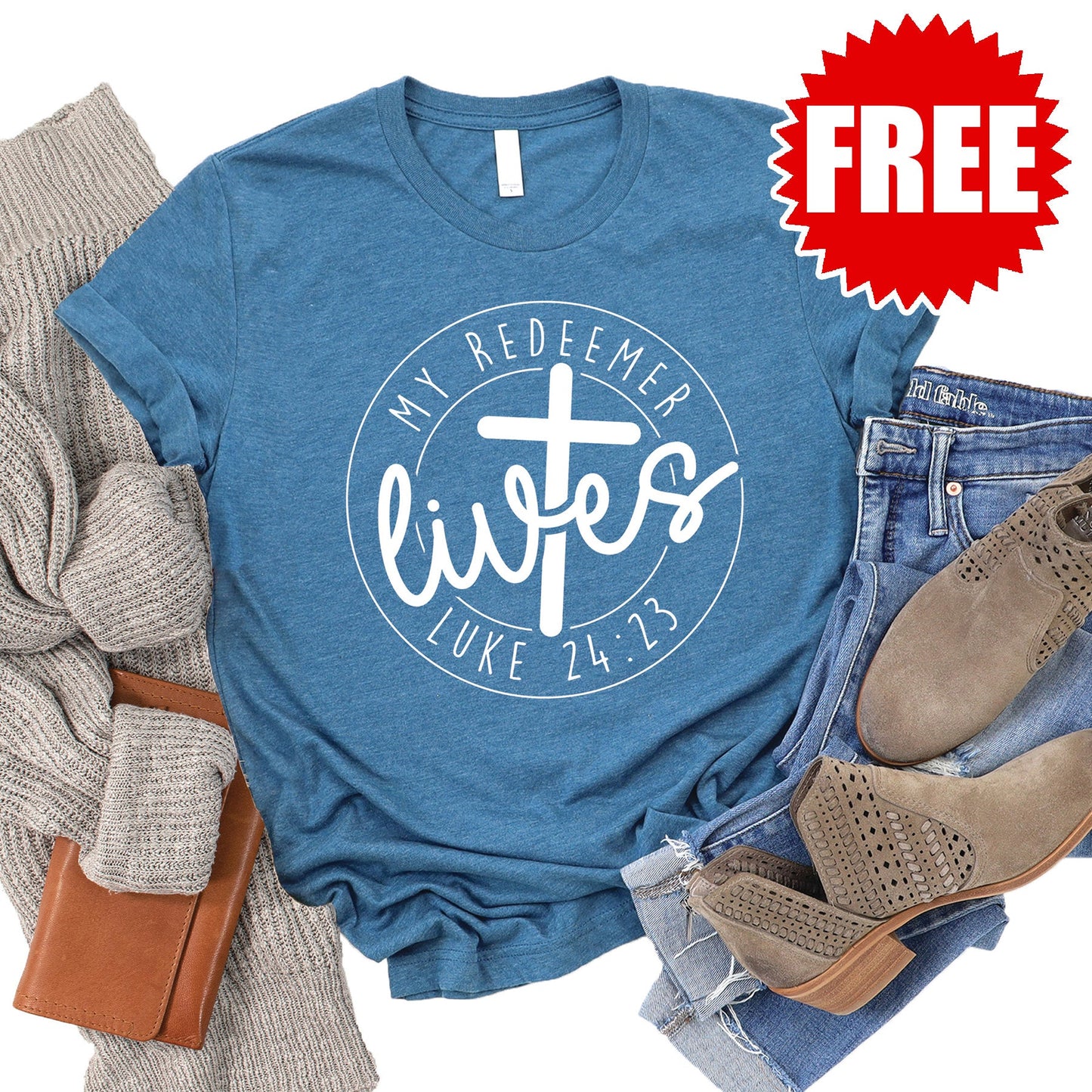 My Redeemer Lives Tee - Heather Deep Teal - FREE