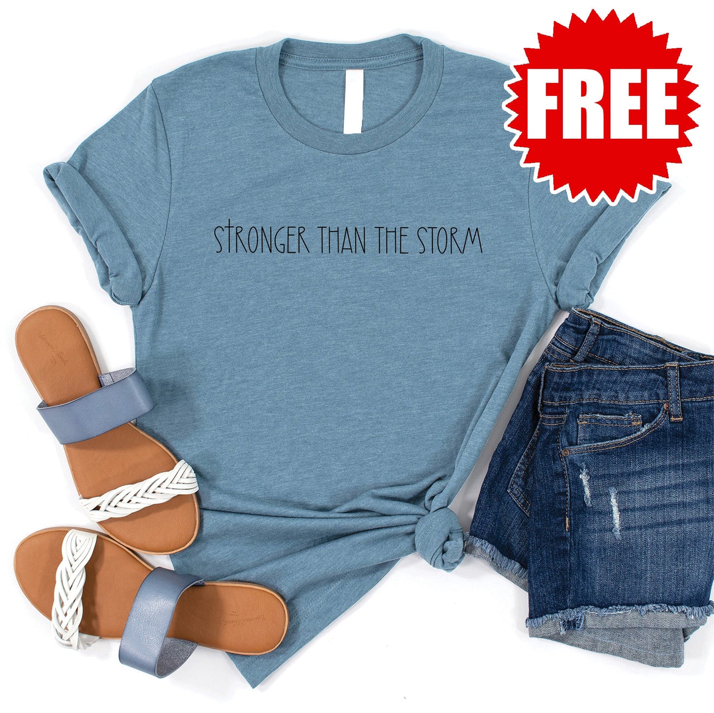 Stronger than the Storm Tee - Heather Denim - FREE