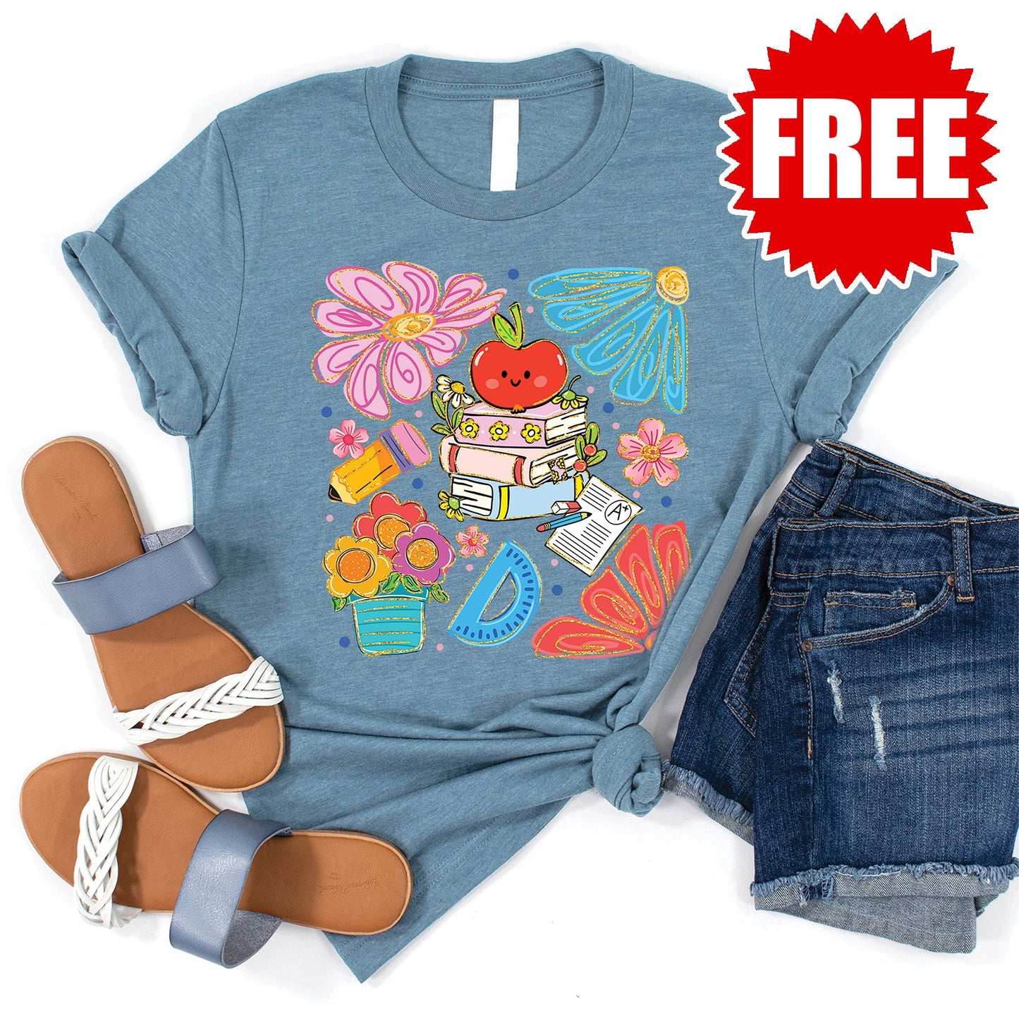 Floral Teacher Tee - Heather Denim - 0