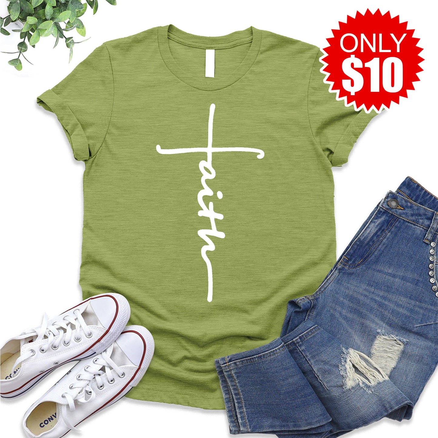 Faith Cross Tee - Heather Fern