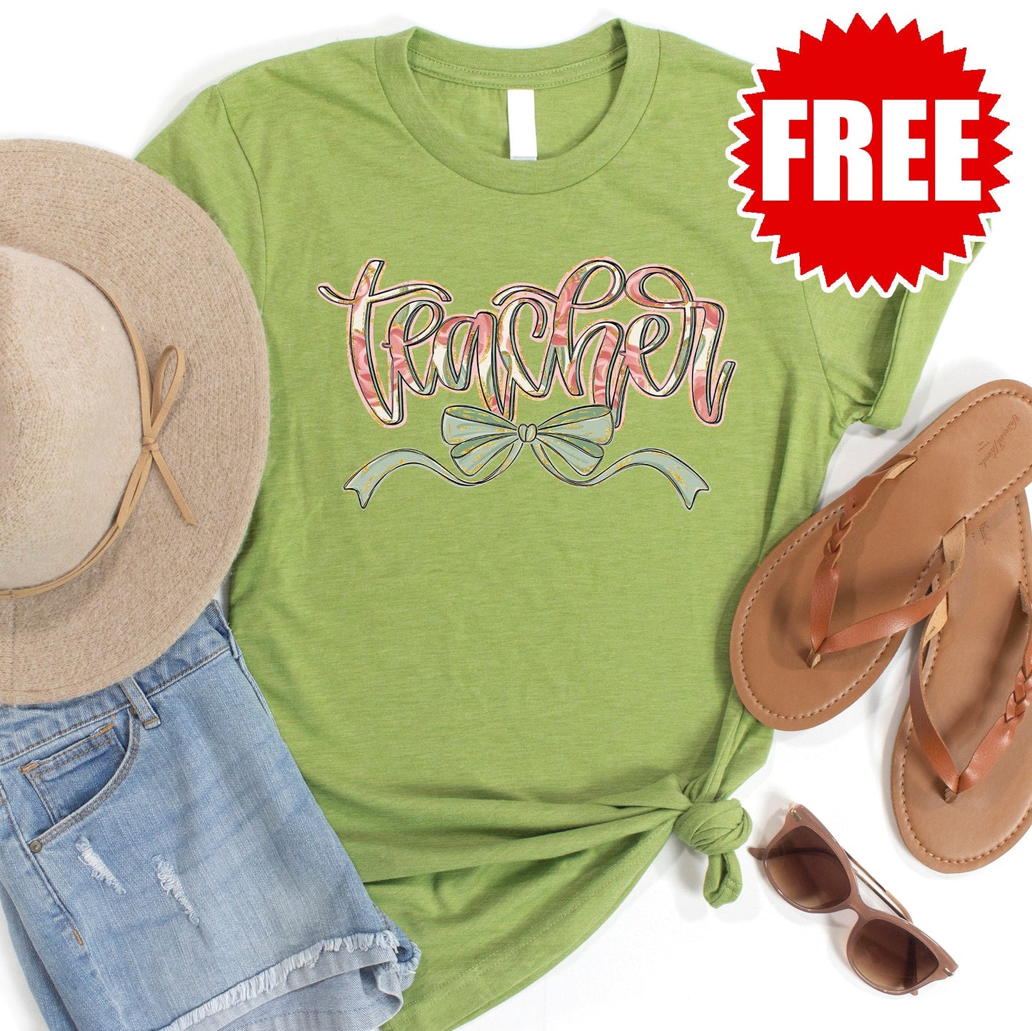 Teacher Ribbon Tee - Heather Green - FREE