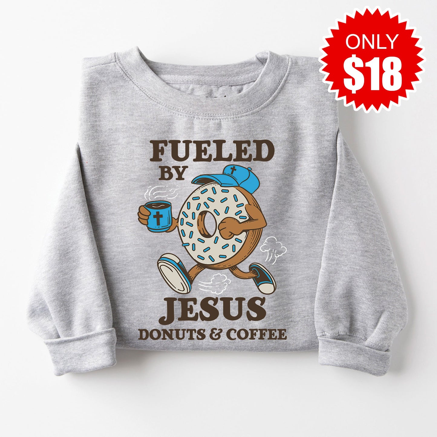 Jesus Donuts and Coffee Sweatshirt - Heather Grey - 18