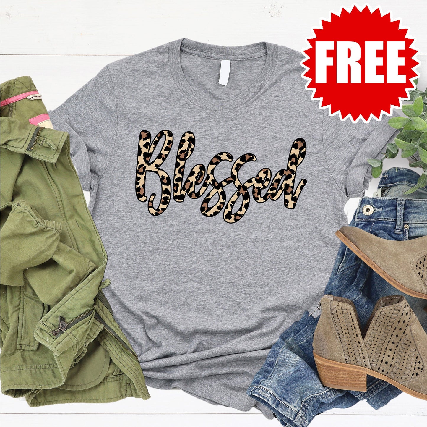Blessed Leopard Tee - Heather Grey Style001