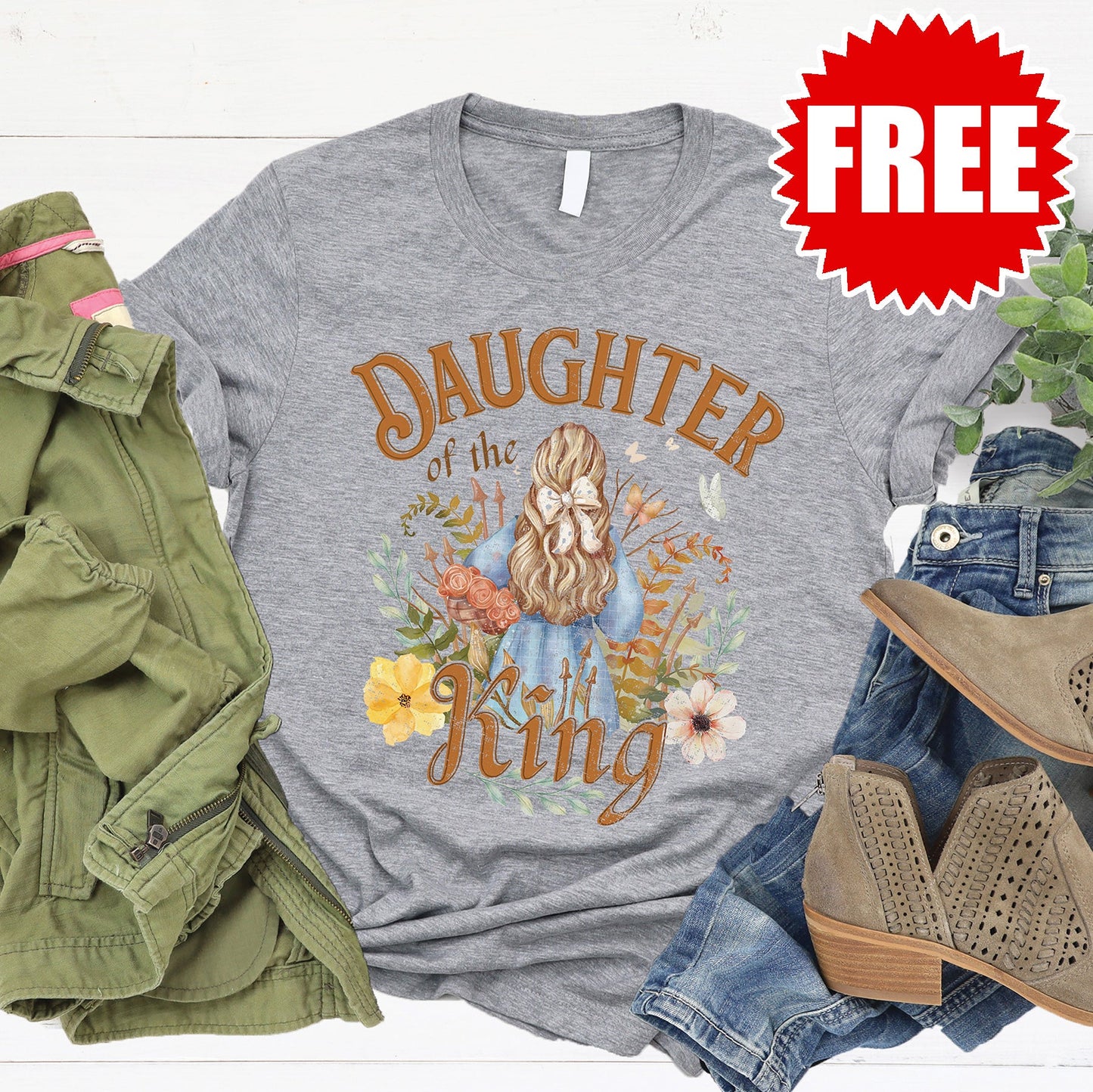 Daughter of the King Watercolor Tee - Heather Grey - FREE