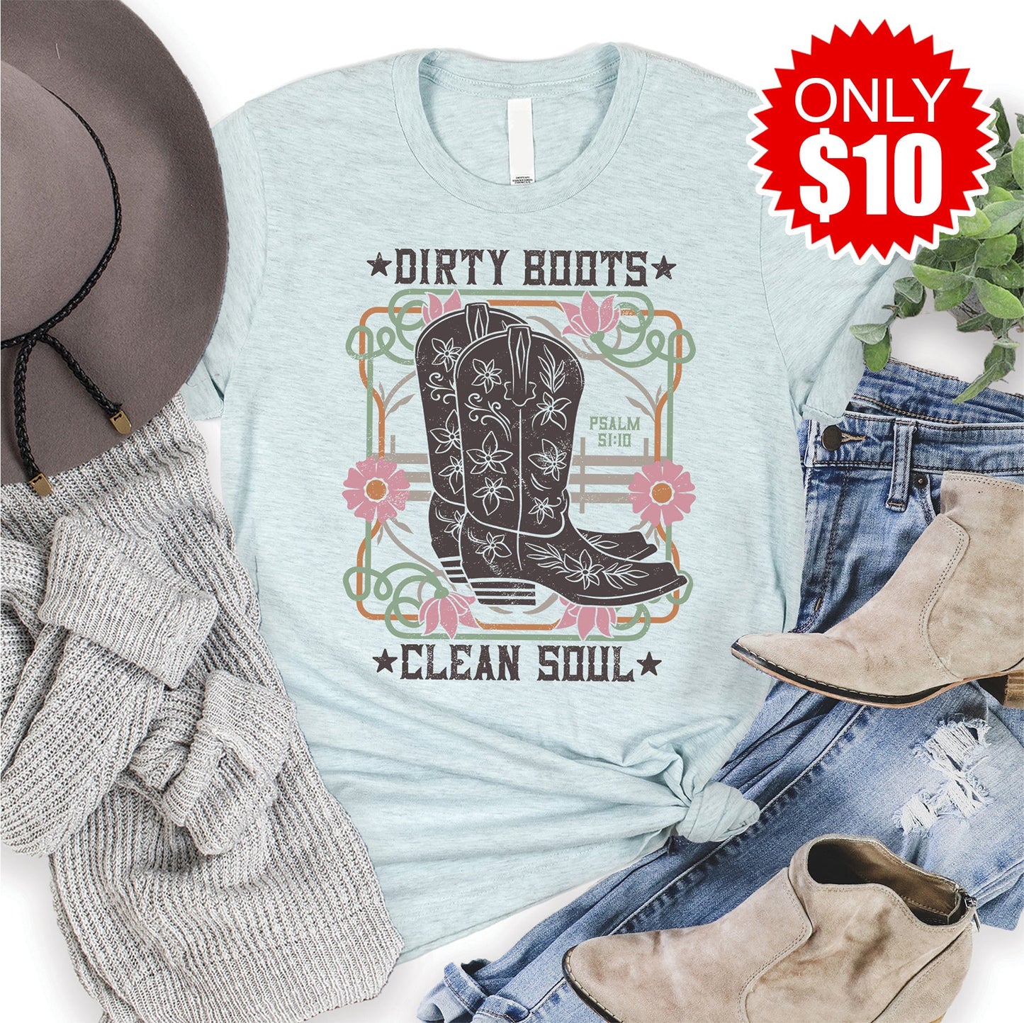 Dirty Boots Clean Soul Tee - Heather Ice Blue