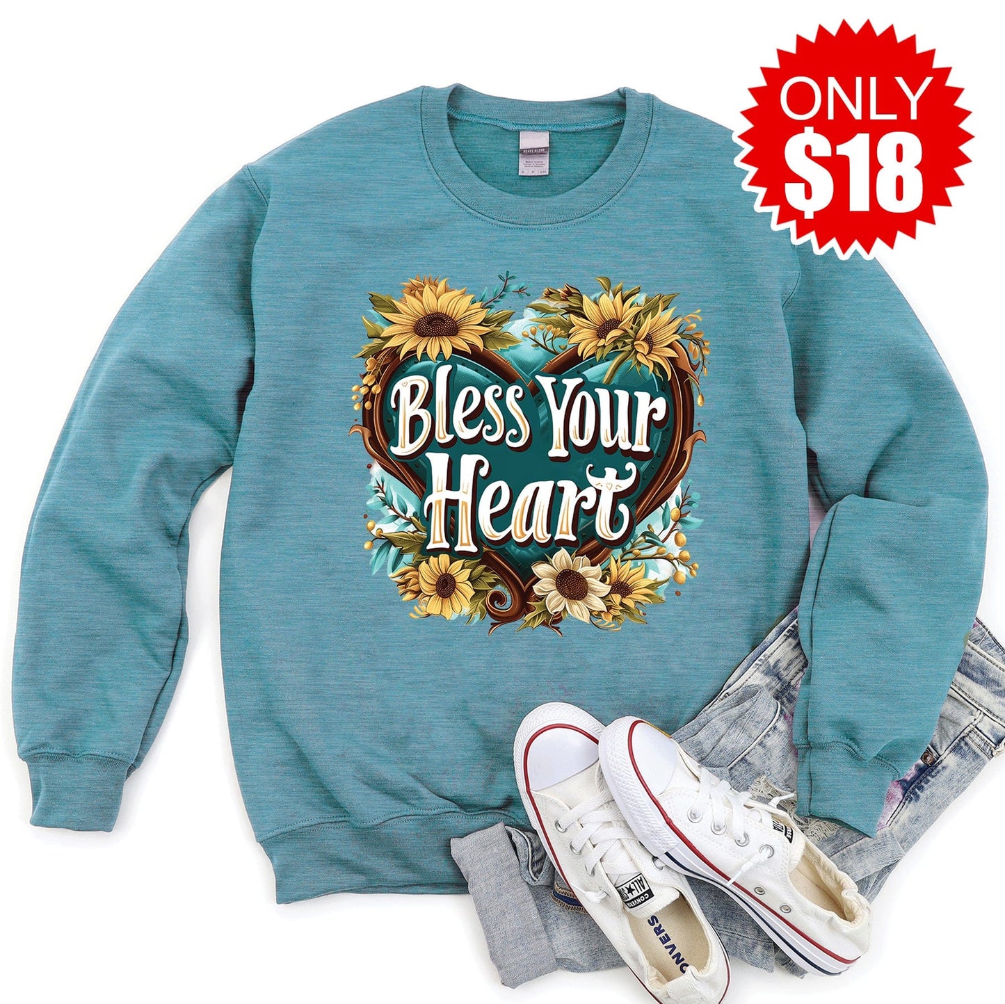 Bless Your Heart Crewneck Sweatshirt - Heather Lagoon