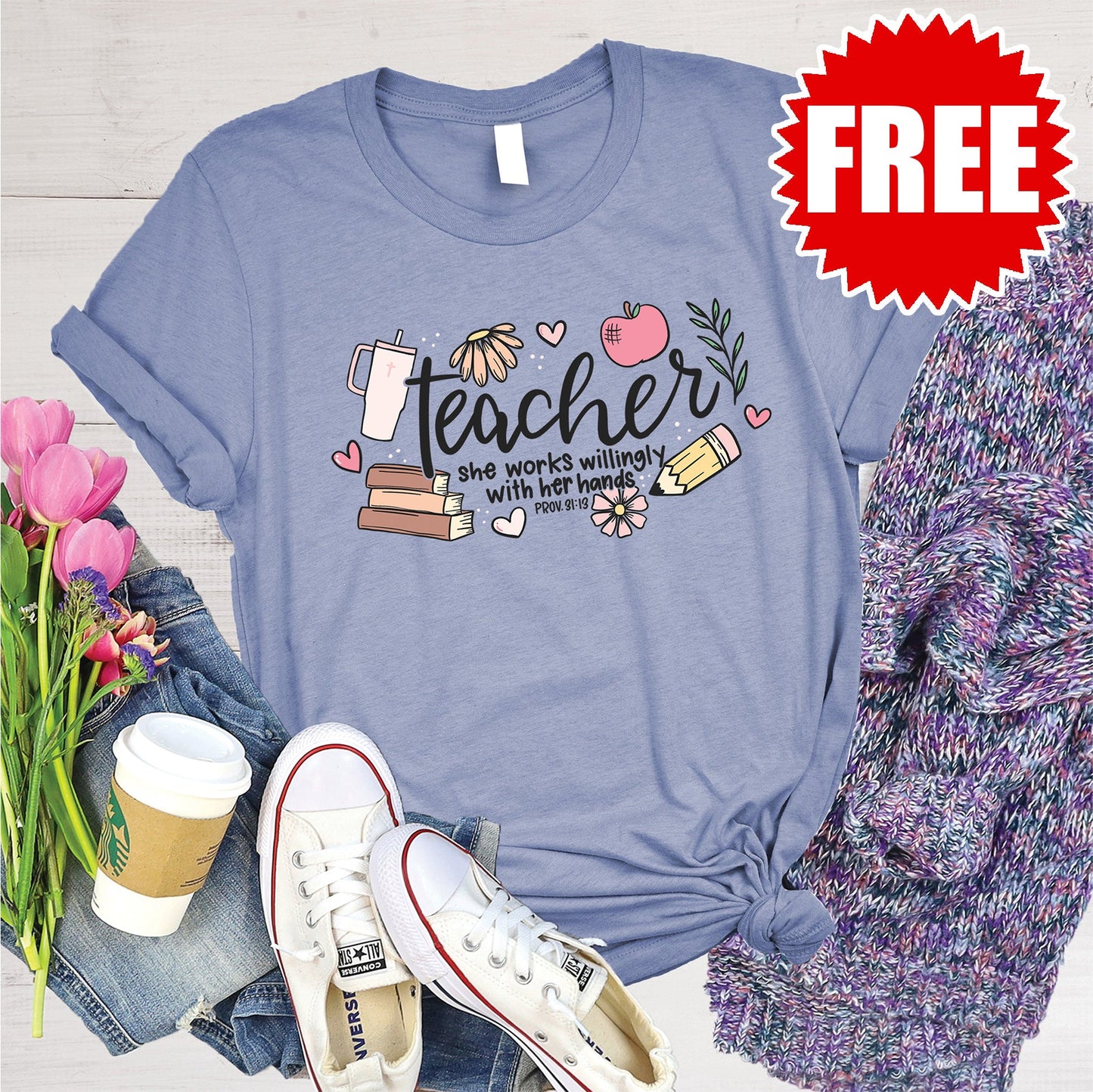 Teacher Proverbs 31:13 Tee - Heather Lavender Blue - 0