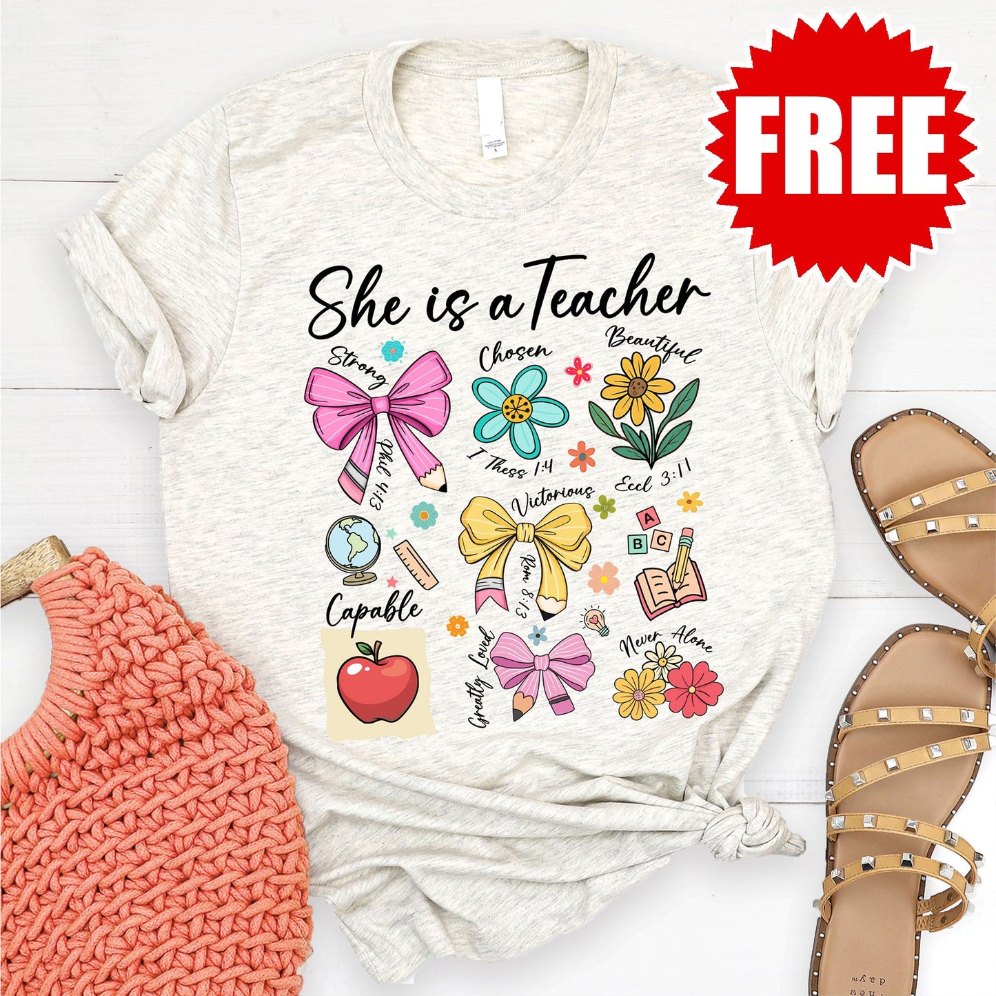 She Is Teacher Tee - Heather Oatmeal - 0