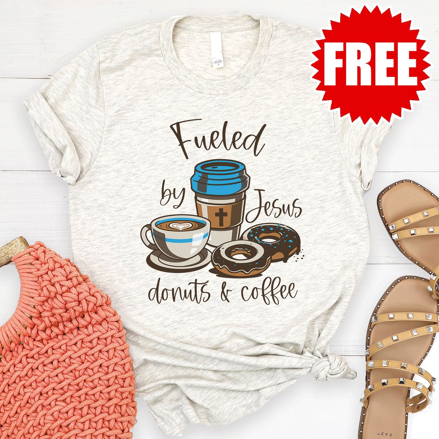 Jesus Donuts and Coffee Tee - Heather Oatmeal - 0