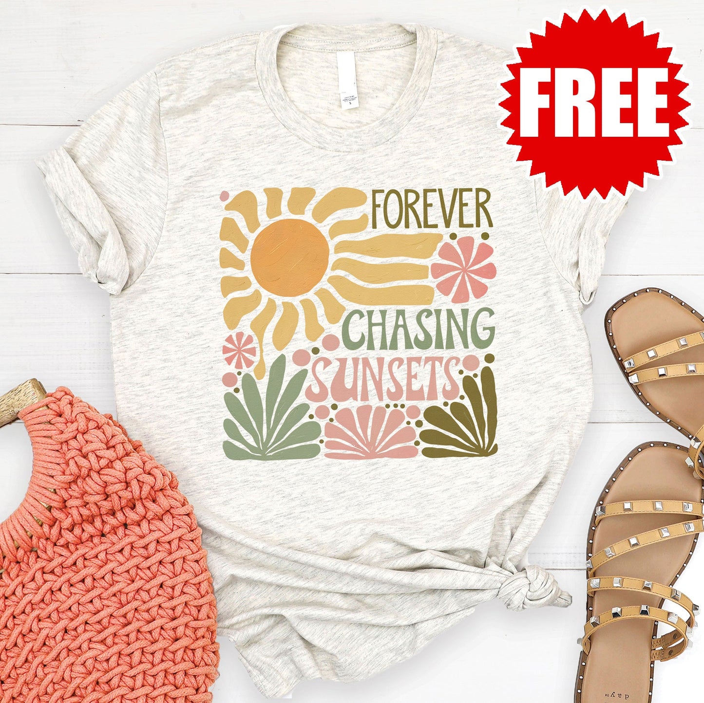 Forever Chasing Sunsets Tee - Heather Oatmeal - 0