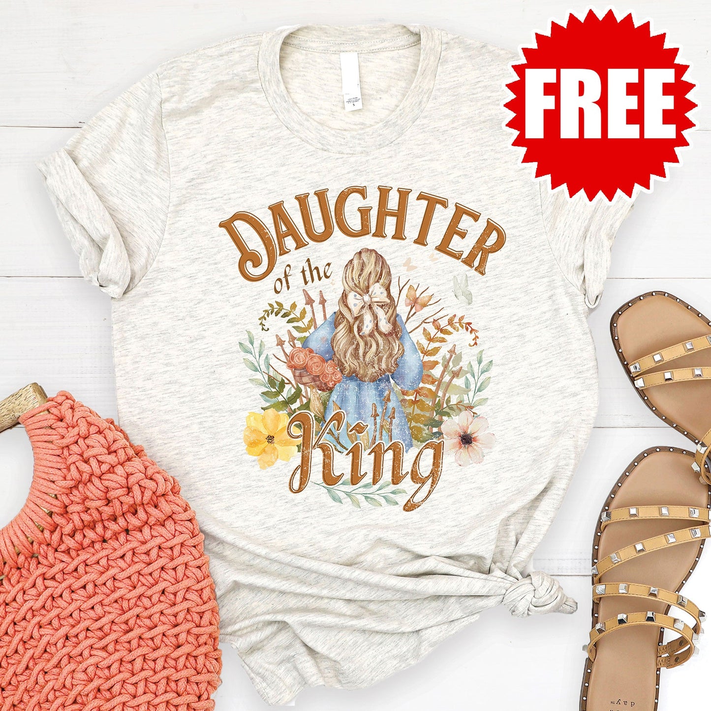Daughter of the King Watercolor Tee - Heather Oatmeal - FREE