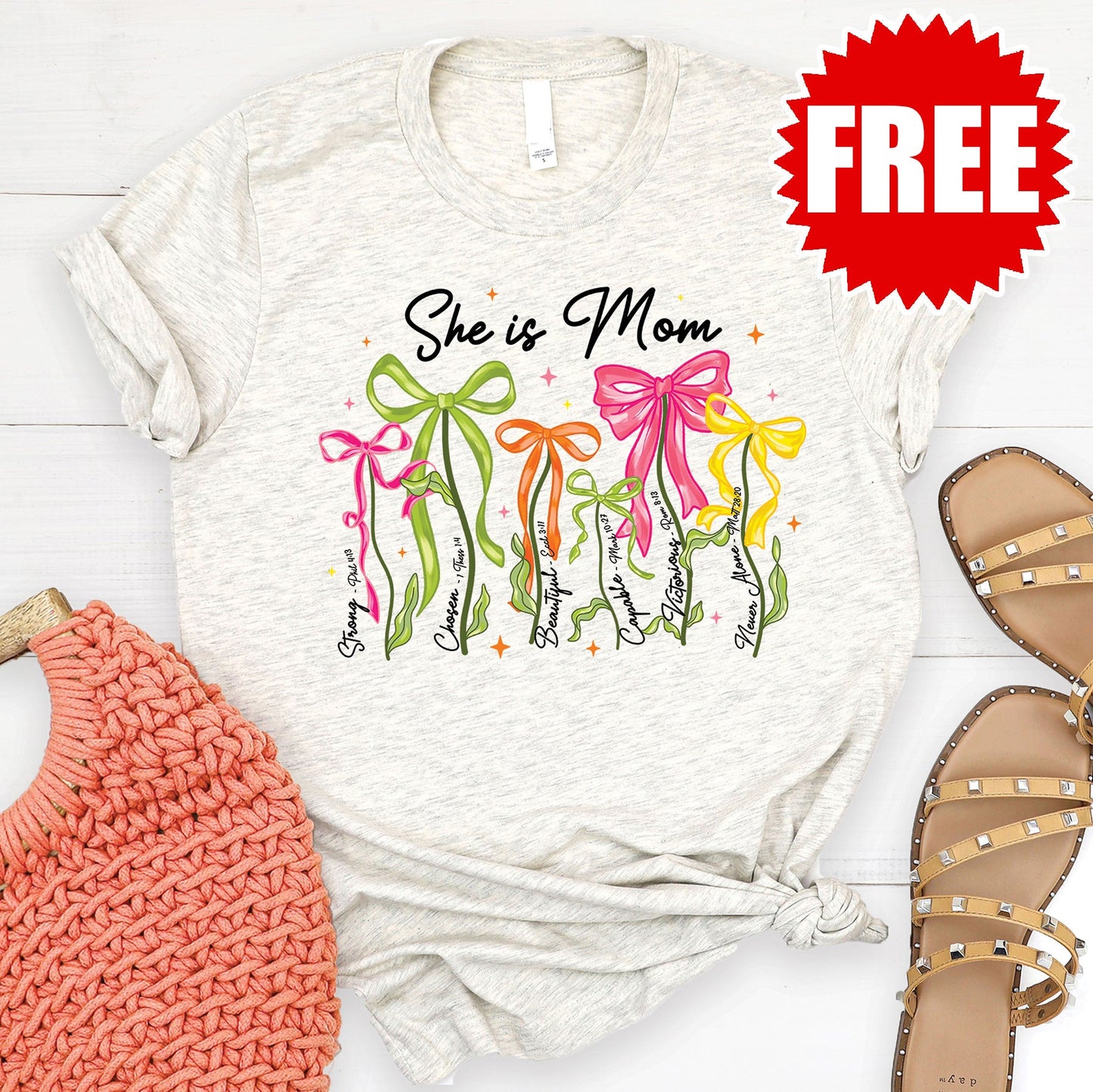 She is Mom Flowers Tee - Heather Oatmeal - FREE