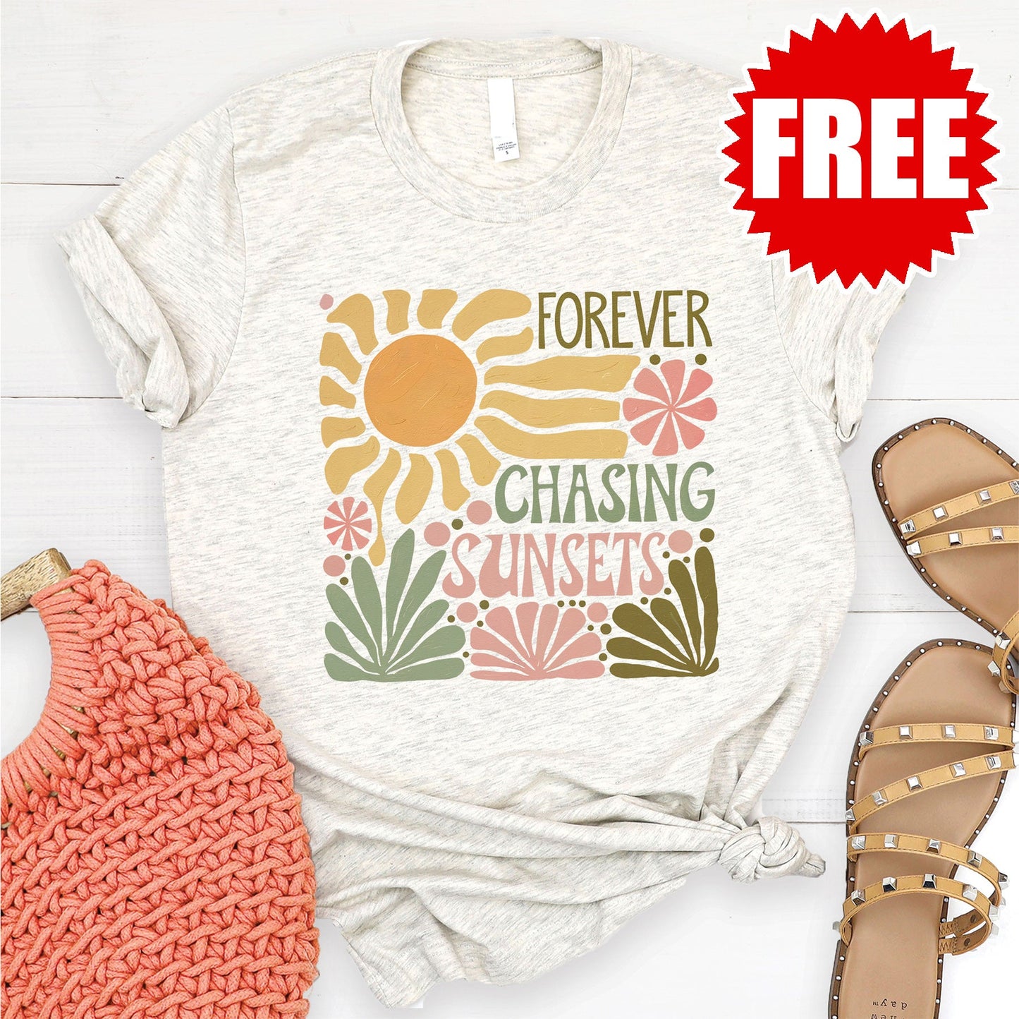 Forever Chasing Sunsets Tee - Heather Oatmeal - 0 Style001