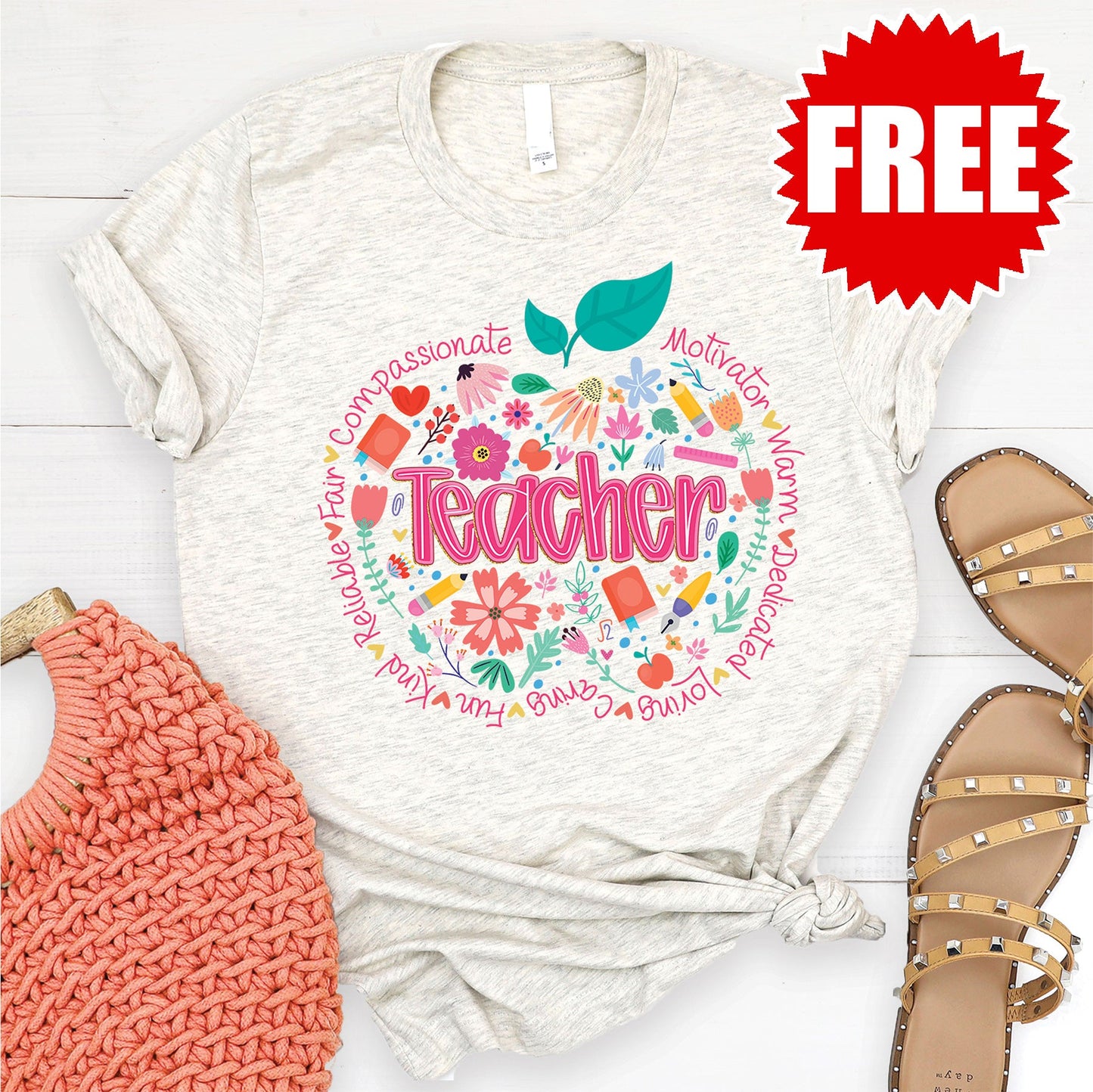 Teacher Apple Tee - Heather Oatmeal - 0