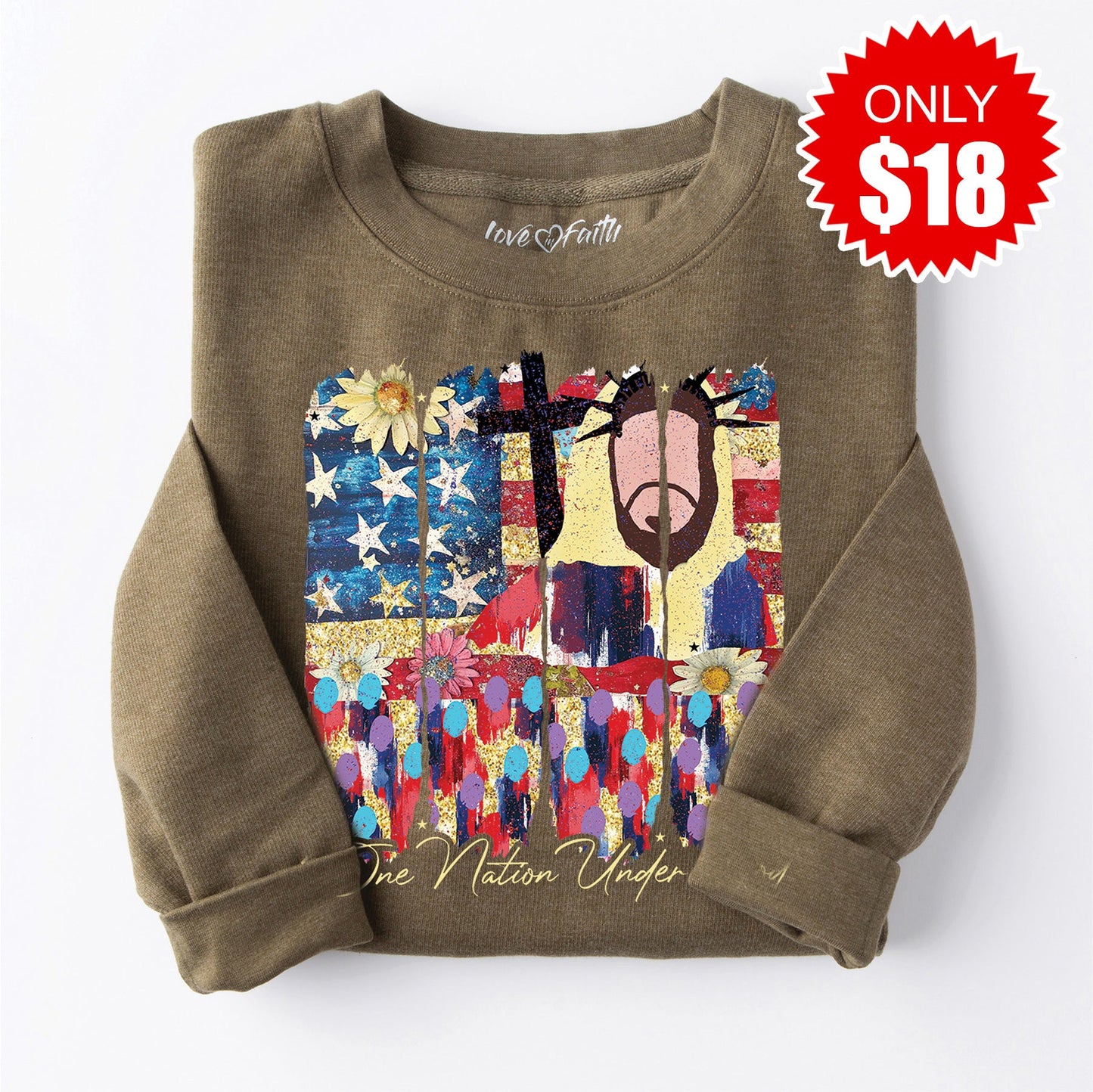 One Nation Under God Sweatshirt - Heather Olive - 18