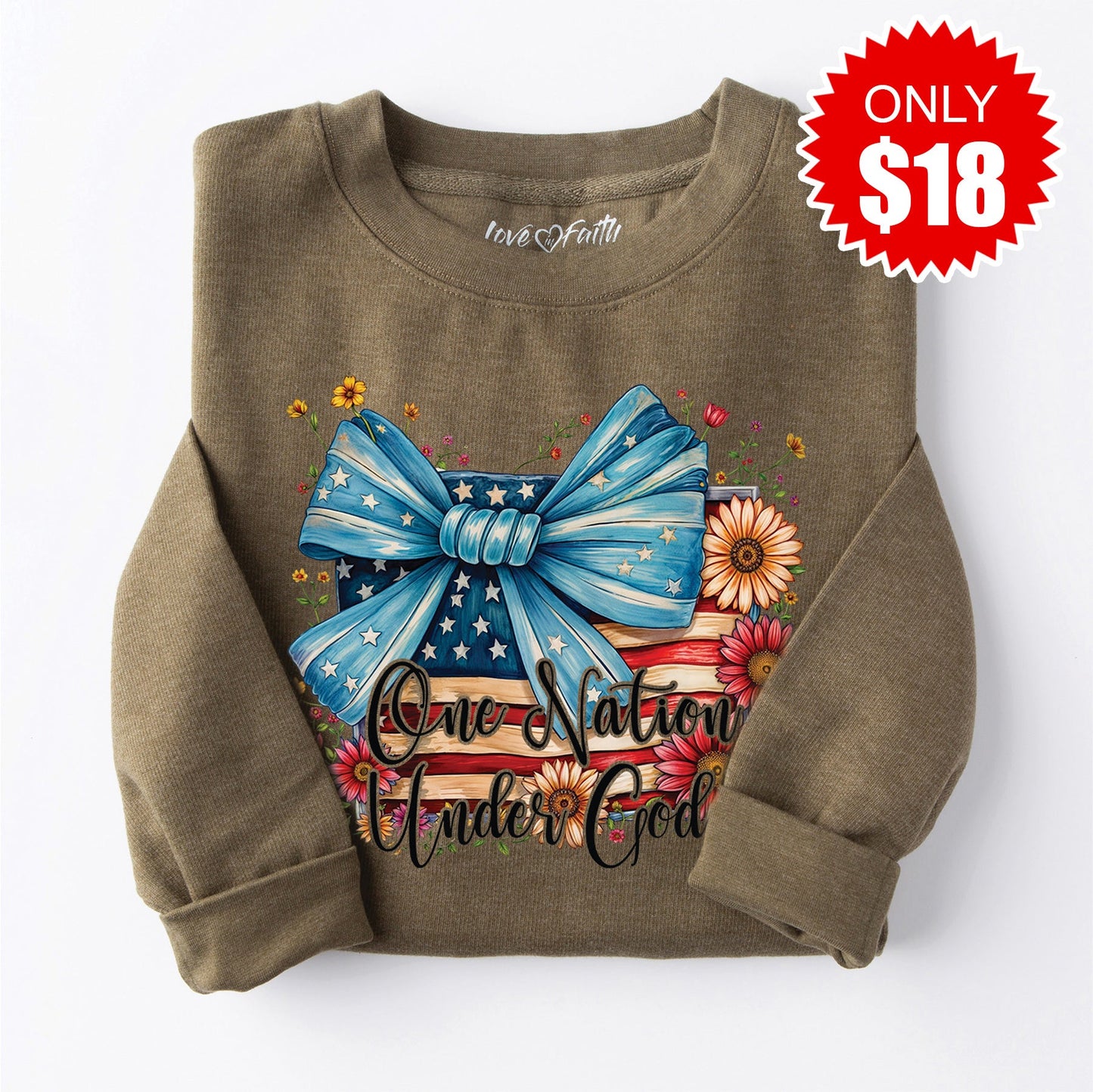 One Nation Under God Ribbon Sweatshirt - Heather Olive - 18