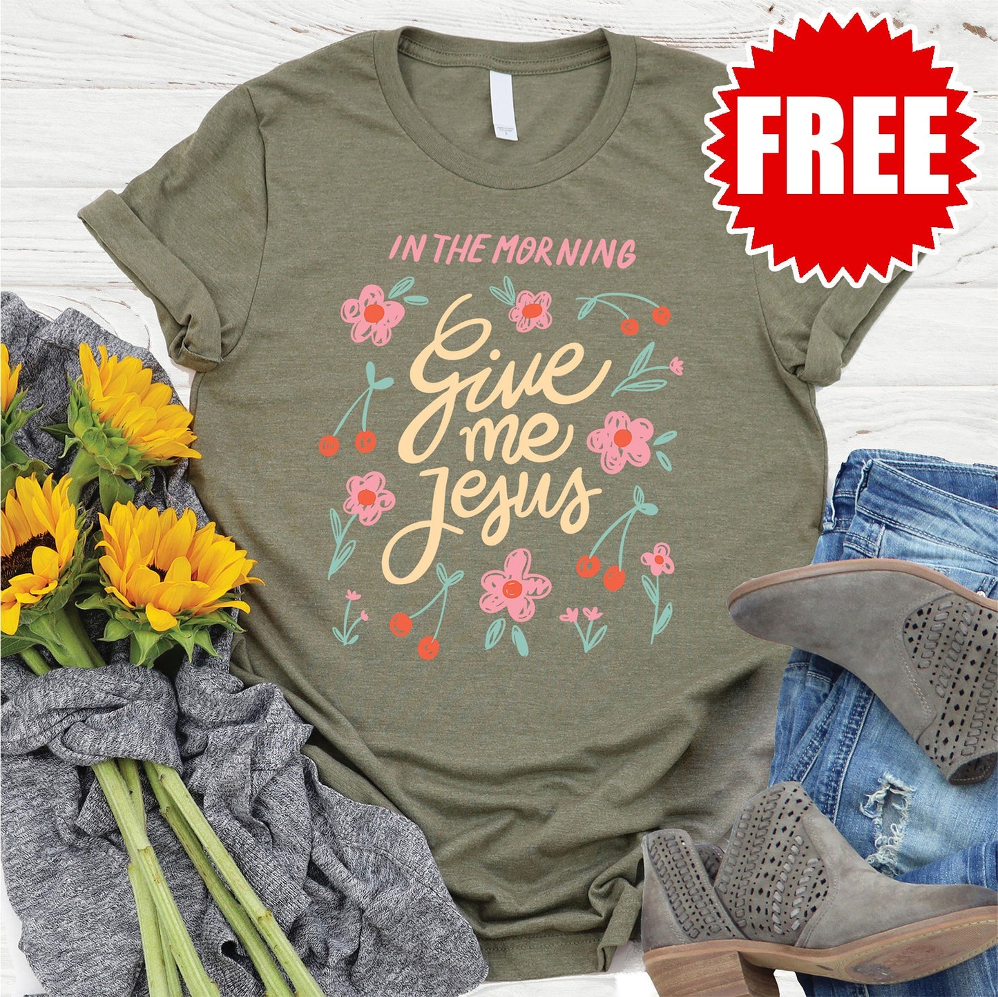 Give me Jesus Tee - Heather Olive - 0