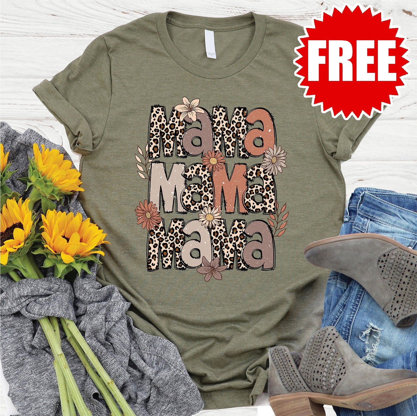 Mama Leopard Tee - Heather Olive - FREE