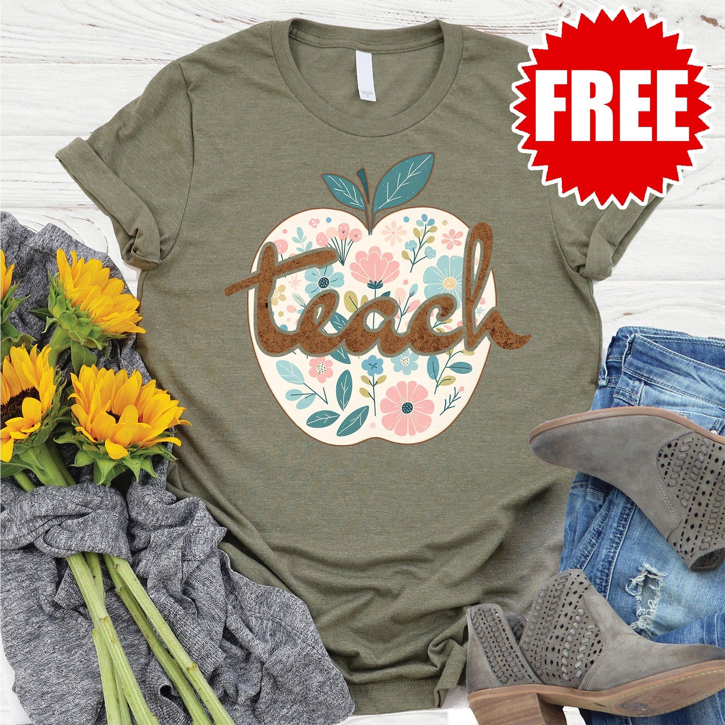 Teacher Apple Tee - Heather Olive - 0