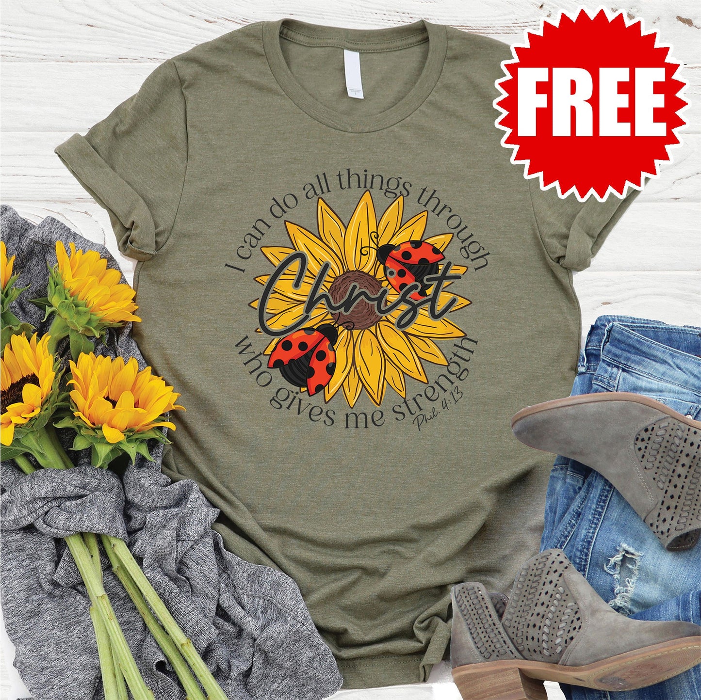 Philippians 4:13 Ladybug Tee - Heather Olive - FREE