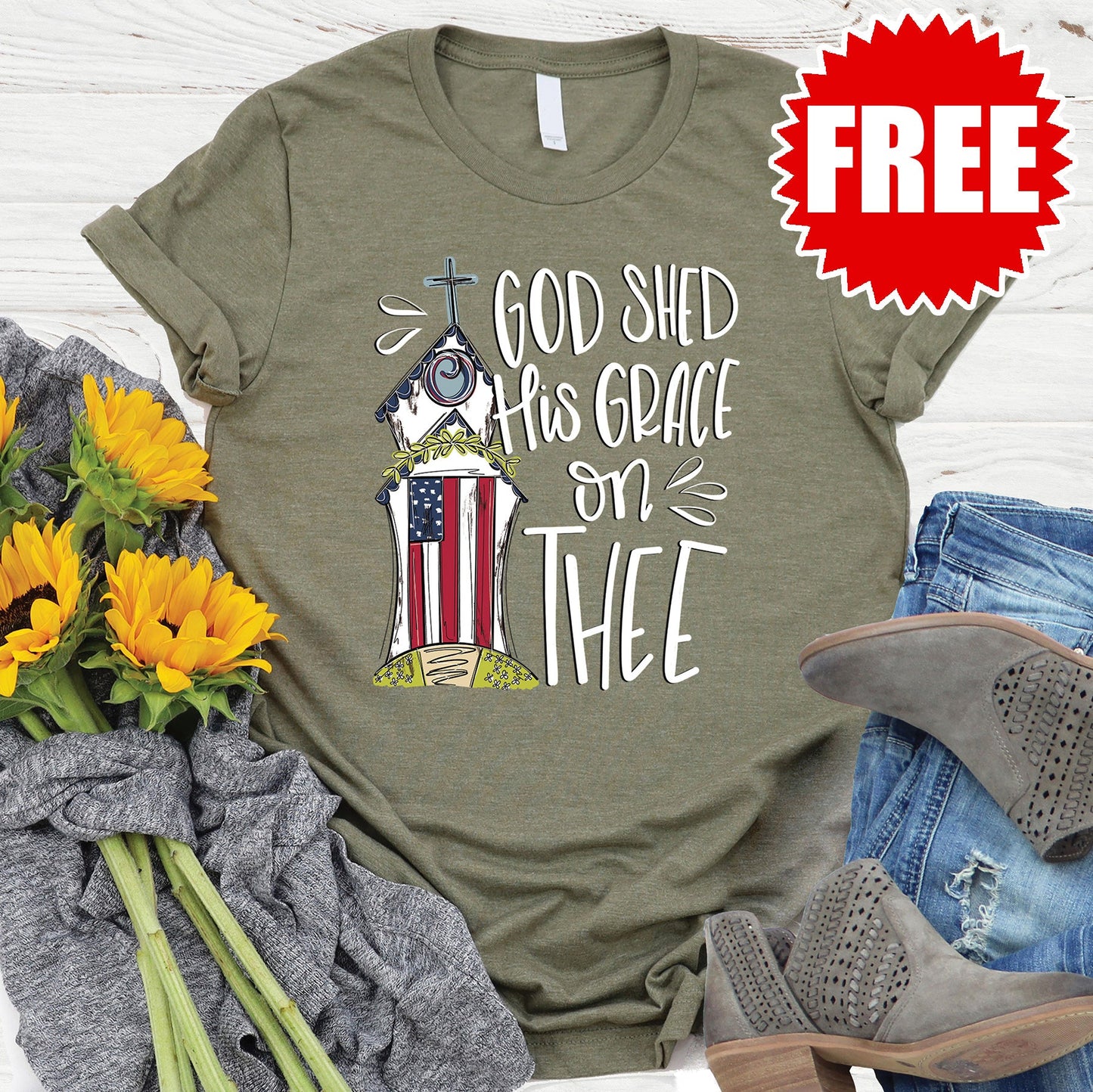 God Shed His Grace Tee - Heather Olive - 0 Style001