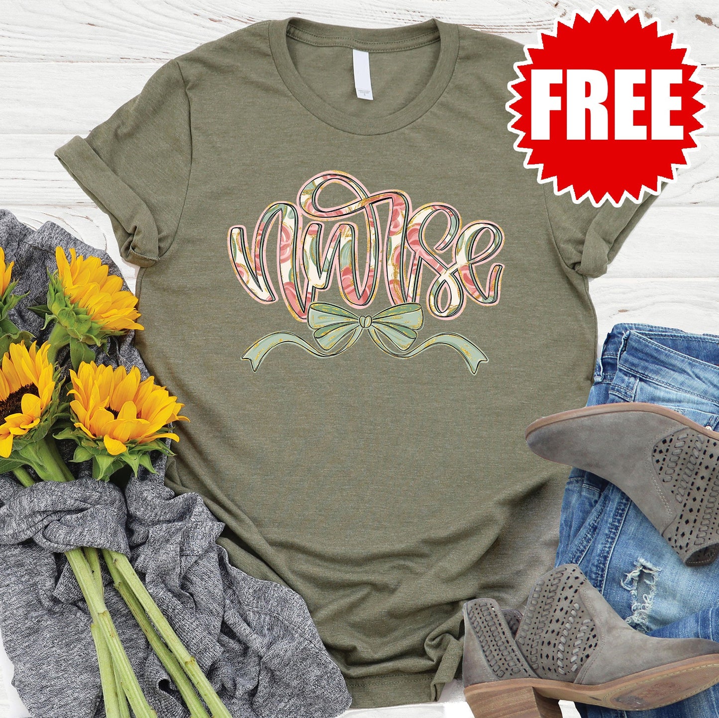 Nurse Ribbon Tee - Heather Olive - FREE